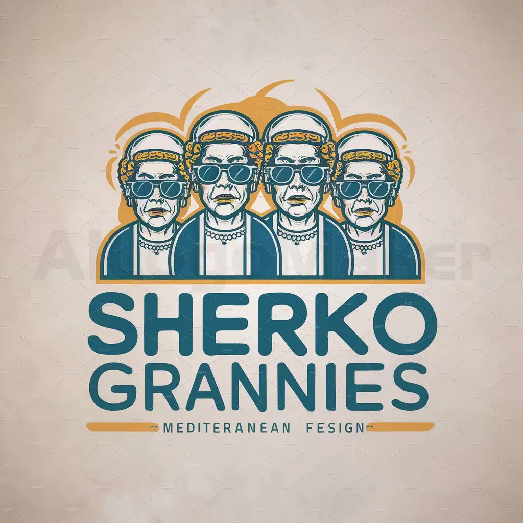 a logo design,with the text: SHERKO GRANNIES, main symbol: 4 different old traditional Jewish grannies with Jewish headcovers and sunglasses, in Paul Klee vibe, old Mediterranean vibe, complex,clear background
