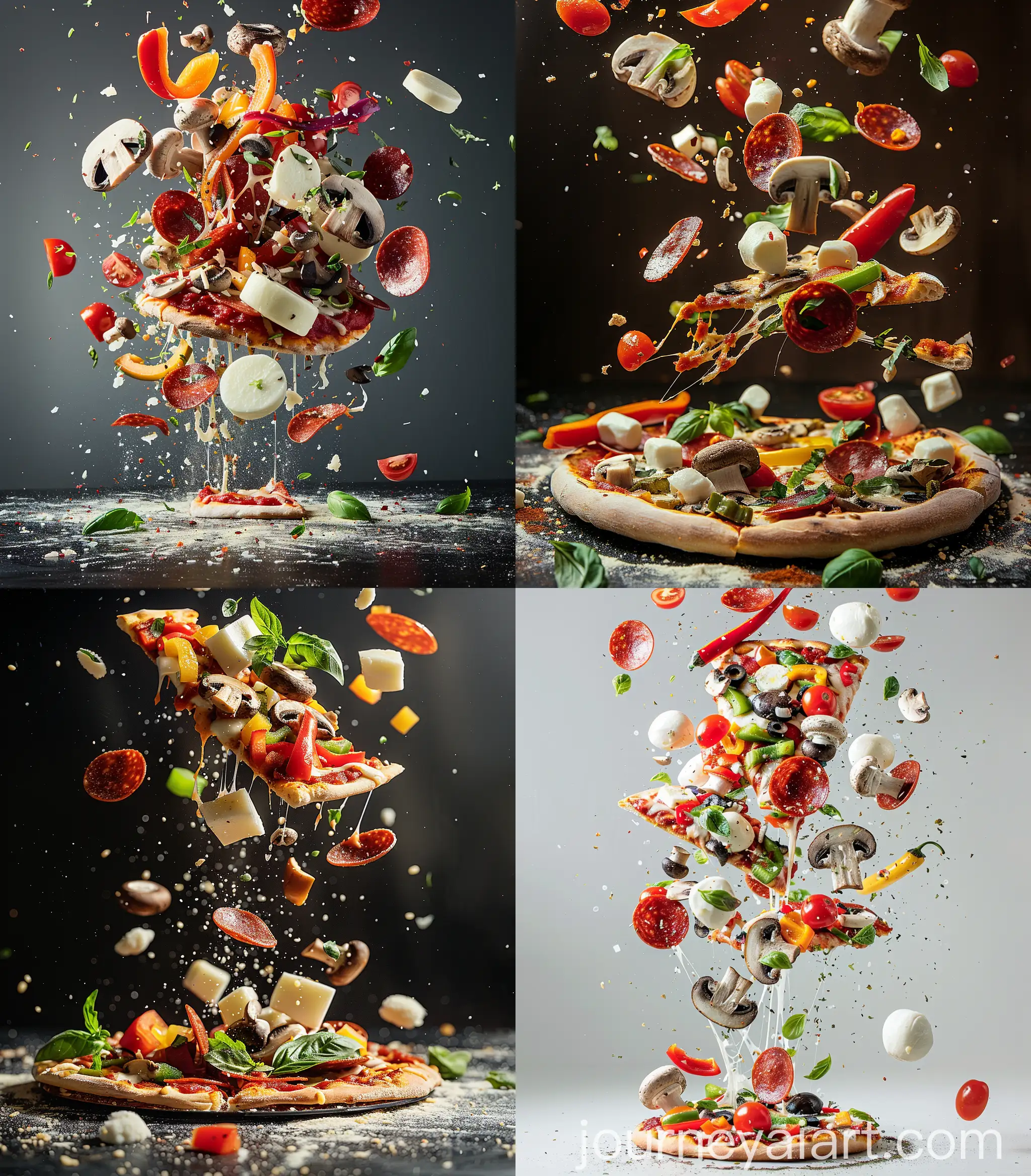 Photograph of a deconstructed pizza explosion with its ingredients floating in the air, including mozzarella cheese, tomato sauce, pepperoni, mushrooms, and bell peppers, dynamic food, appetizing and fresh element, in a studio, studio lighting, Canon EOS R5 --chaos 5 --ar 7:8 --style raw --stylize 200