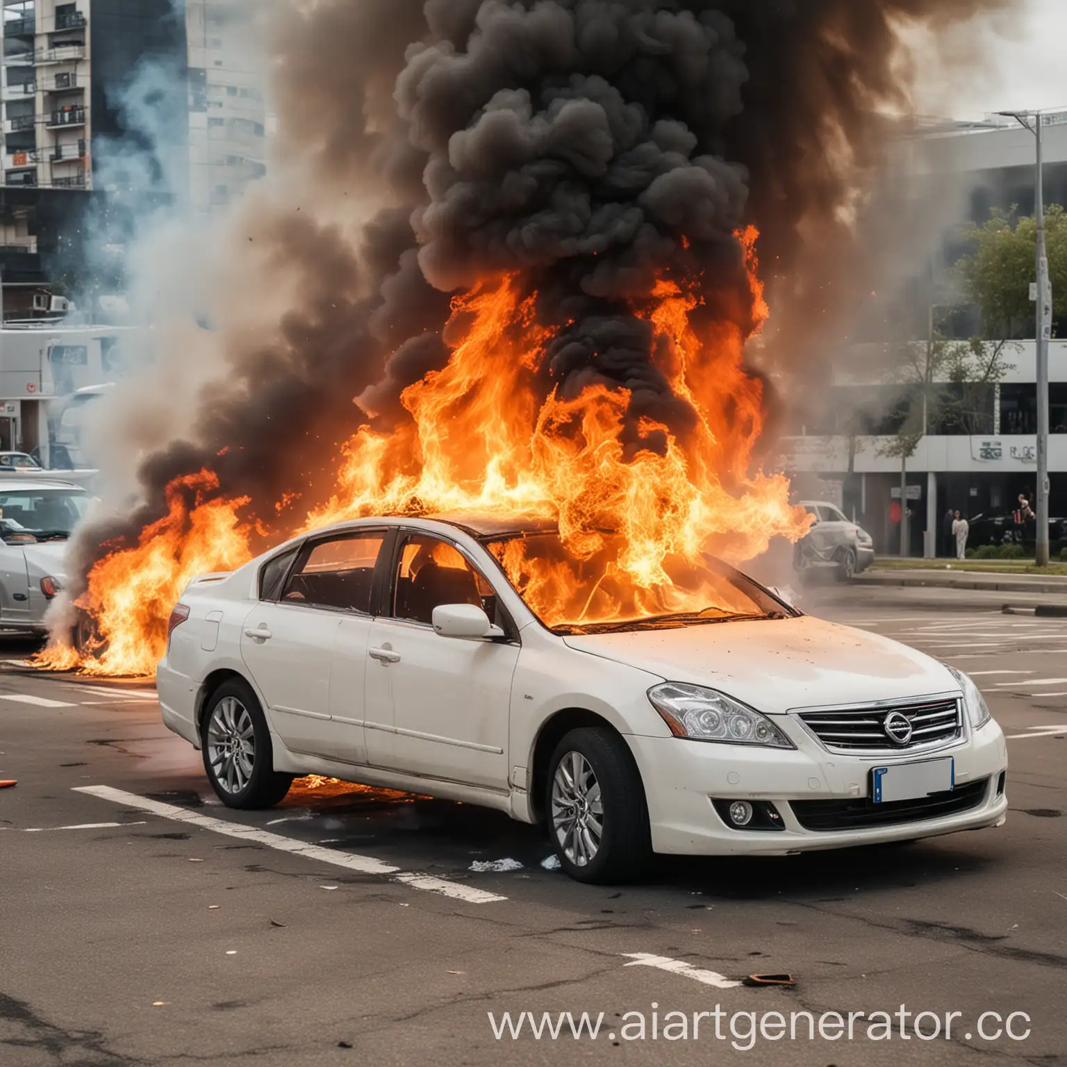 Burning-White-Nissan-Teana-on-Parking-Lot