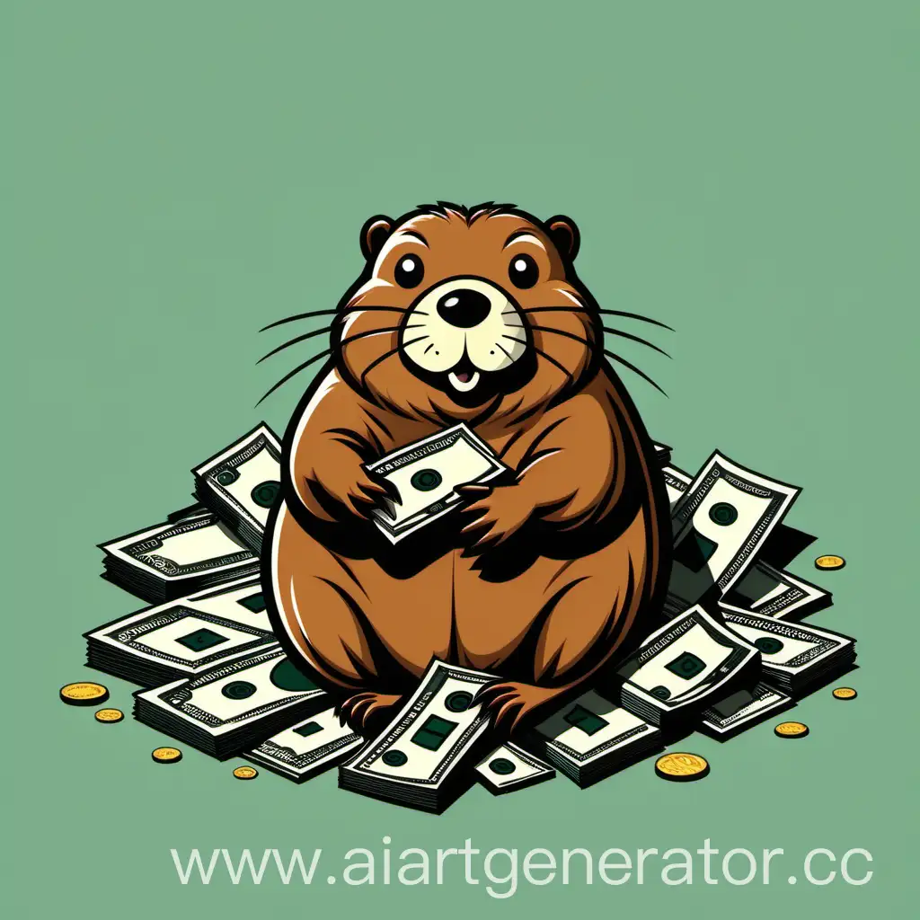 Beaver-Surrounded-by-Money-Minimalistic-Wealth-Concept-Art