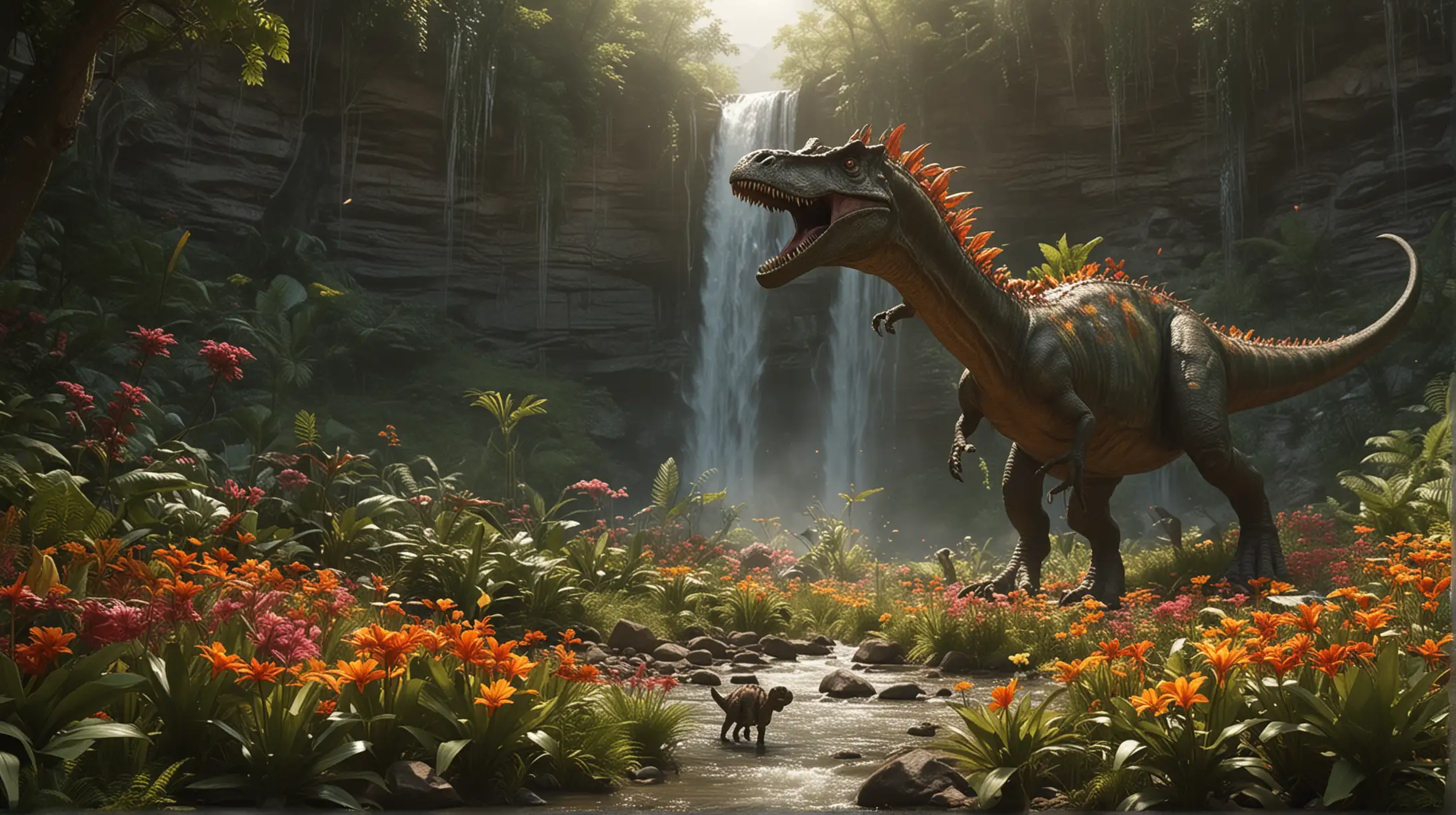 they arrived at a waterfall, a dozen men, behind which lay a lush valley filled with sunlight and strange, glowing flowers. However, their joy was short-lived as a massive dinosaur emerged from the shadows.