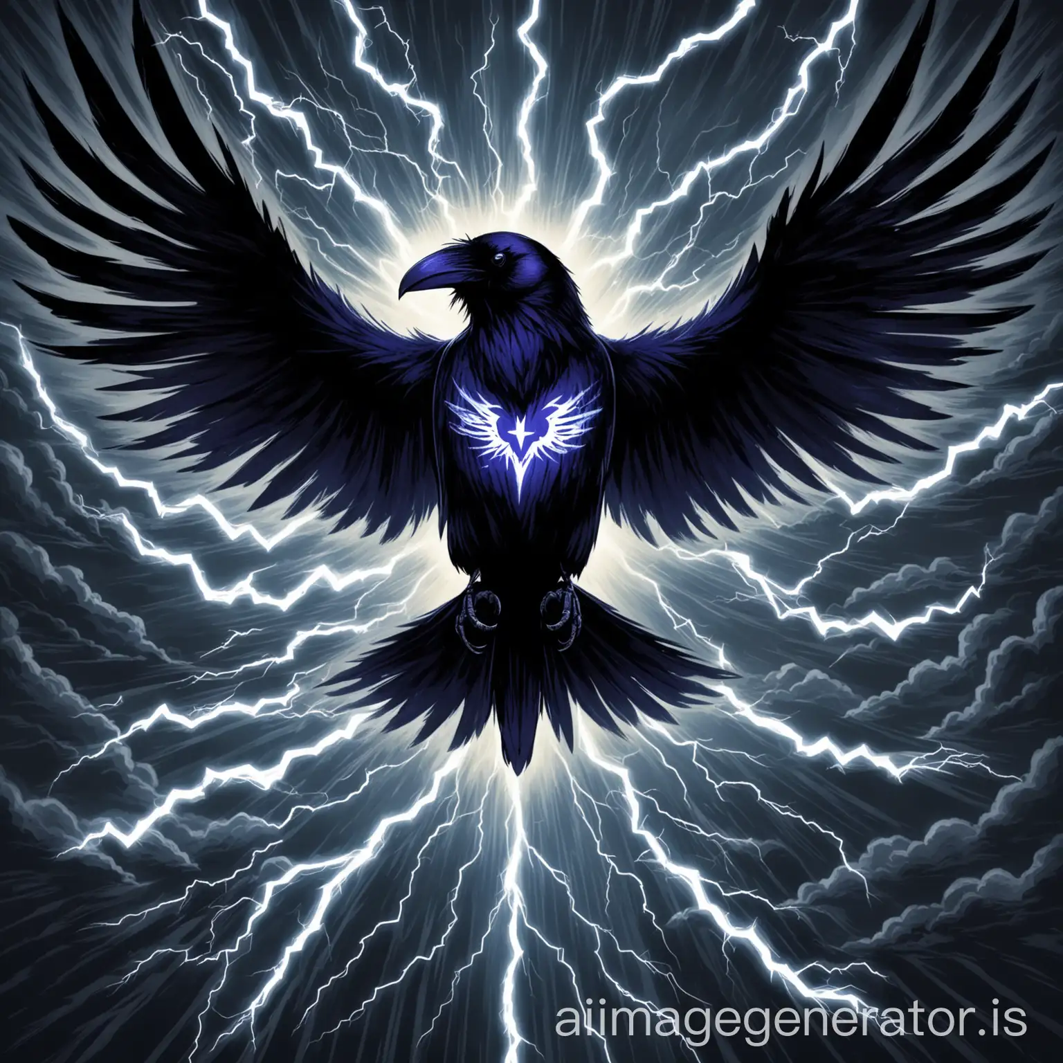 image of an fierce raven with its wings wide open. The raven has a big stylised drawing of a ray of lightning painted across its chest