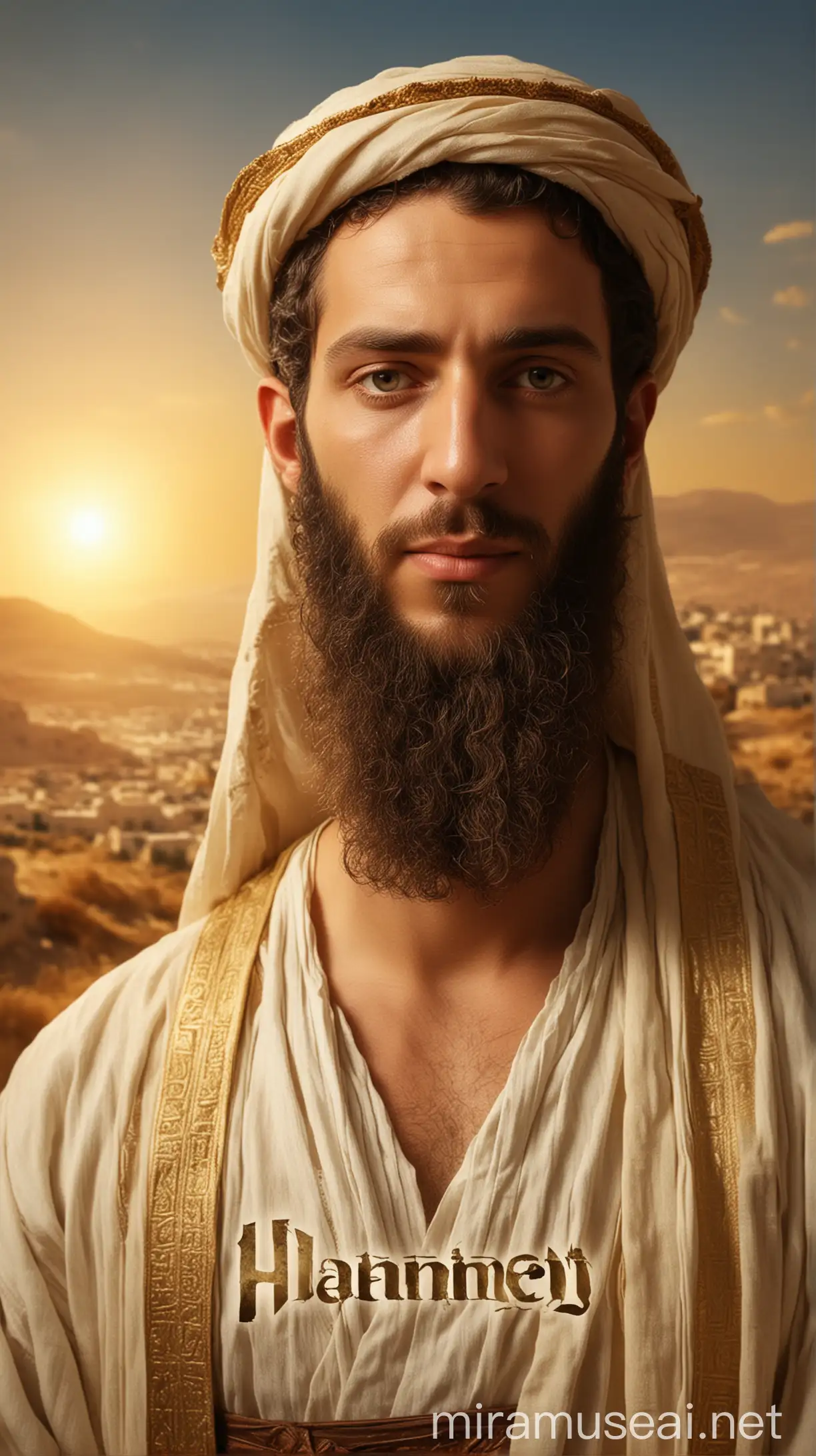 Create an image of a dignified man in ancient Hebrew attire, with the name "Hanameel" written in Hebrew above him. The background should feature a serene, golden light suggesting divine favor. In ancient world 