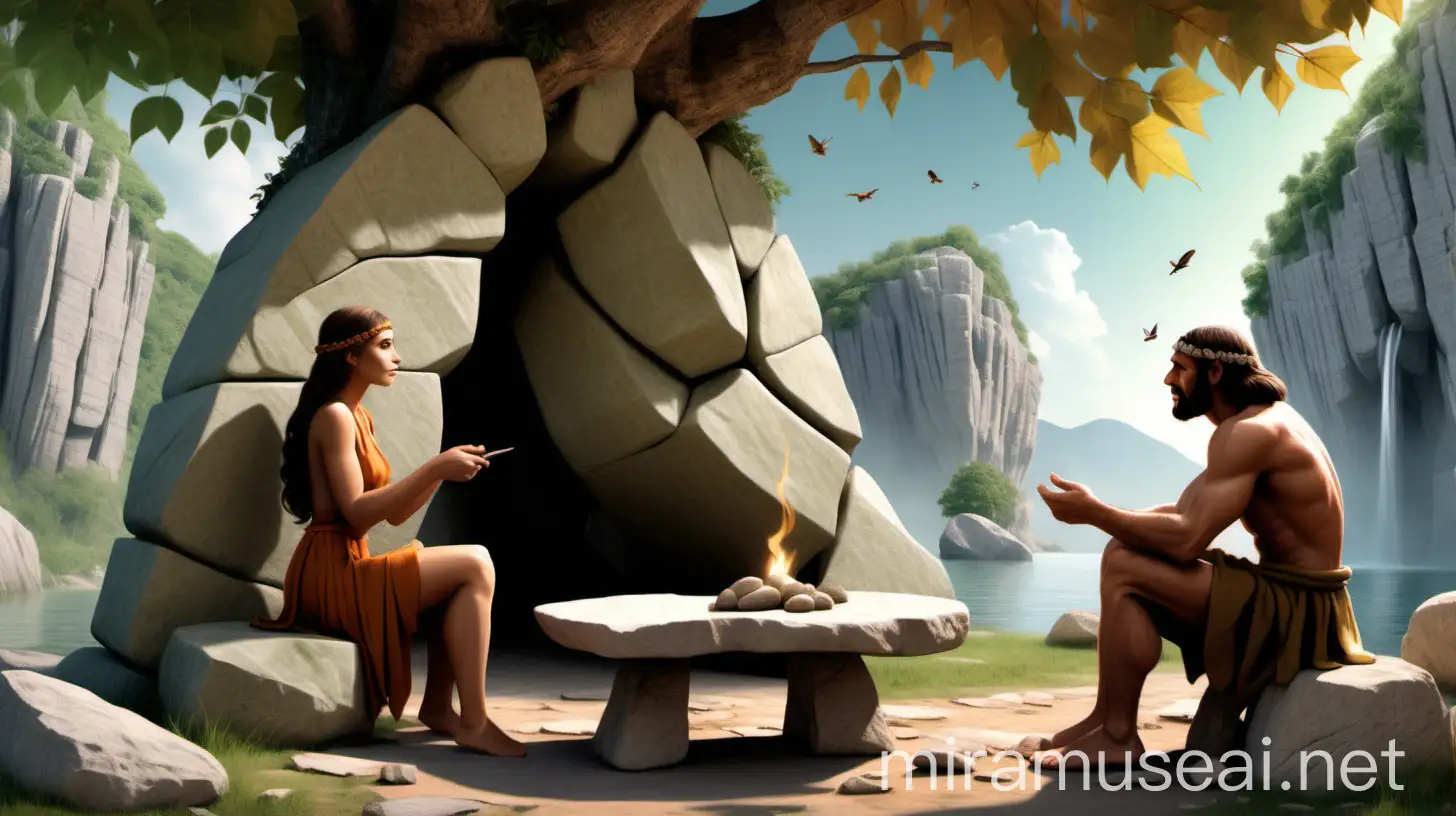 Stone Age Couples Leafy Date Under Rock Shelter Tree