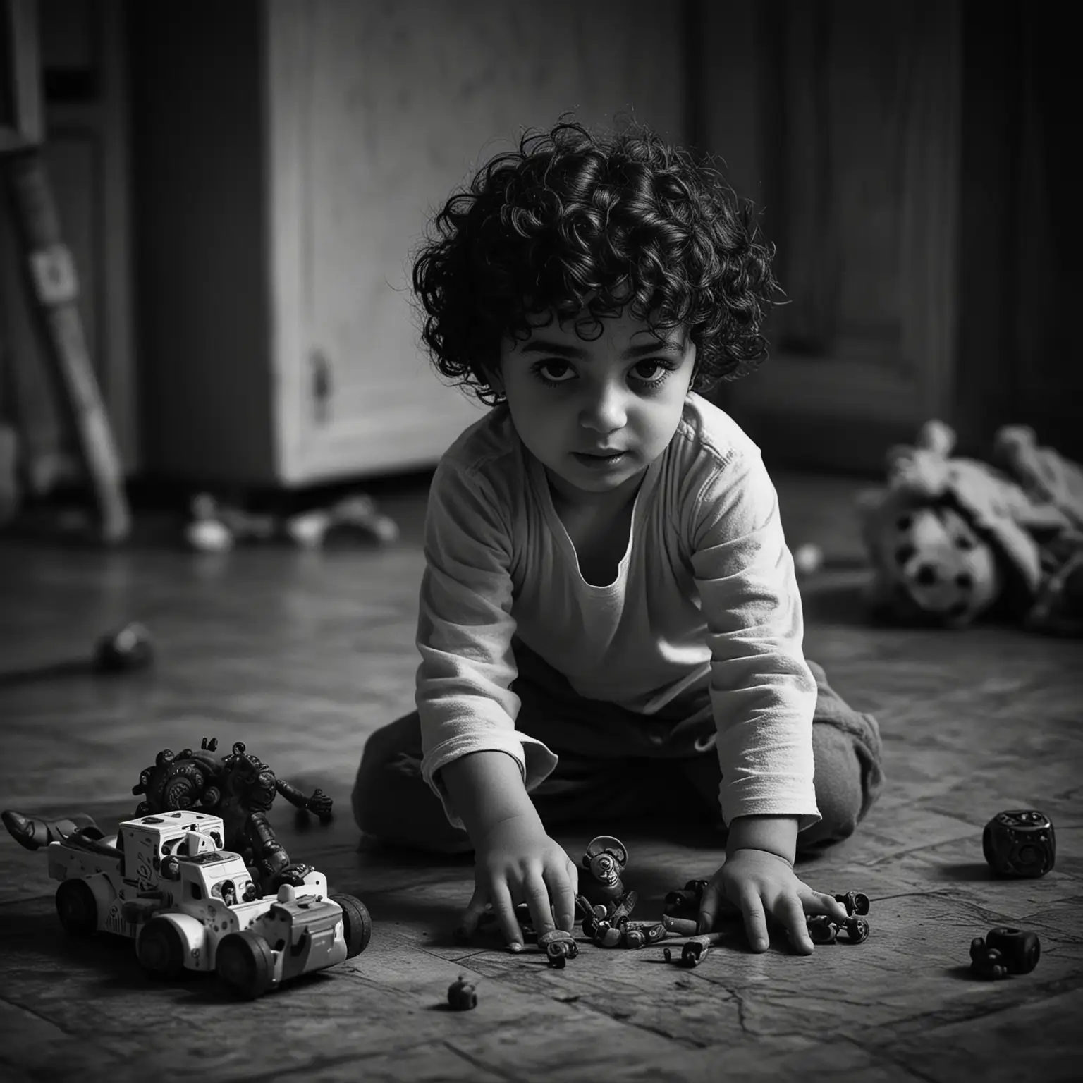 middle eastern child with short curly hair playing with toys on the floor, black and white, dark and eerie 
