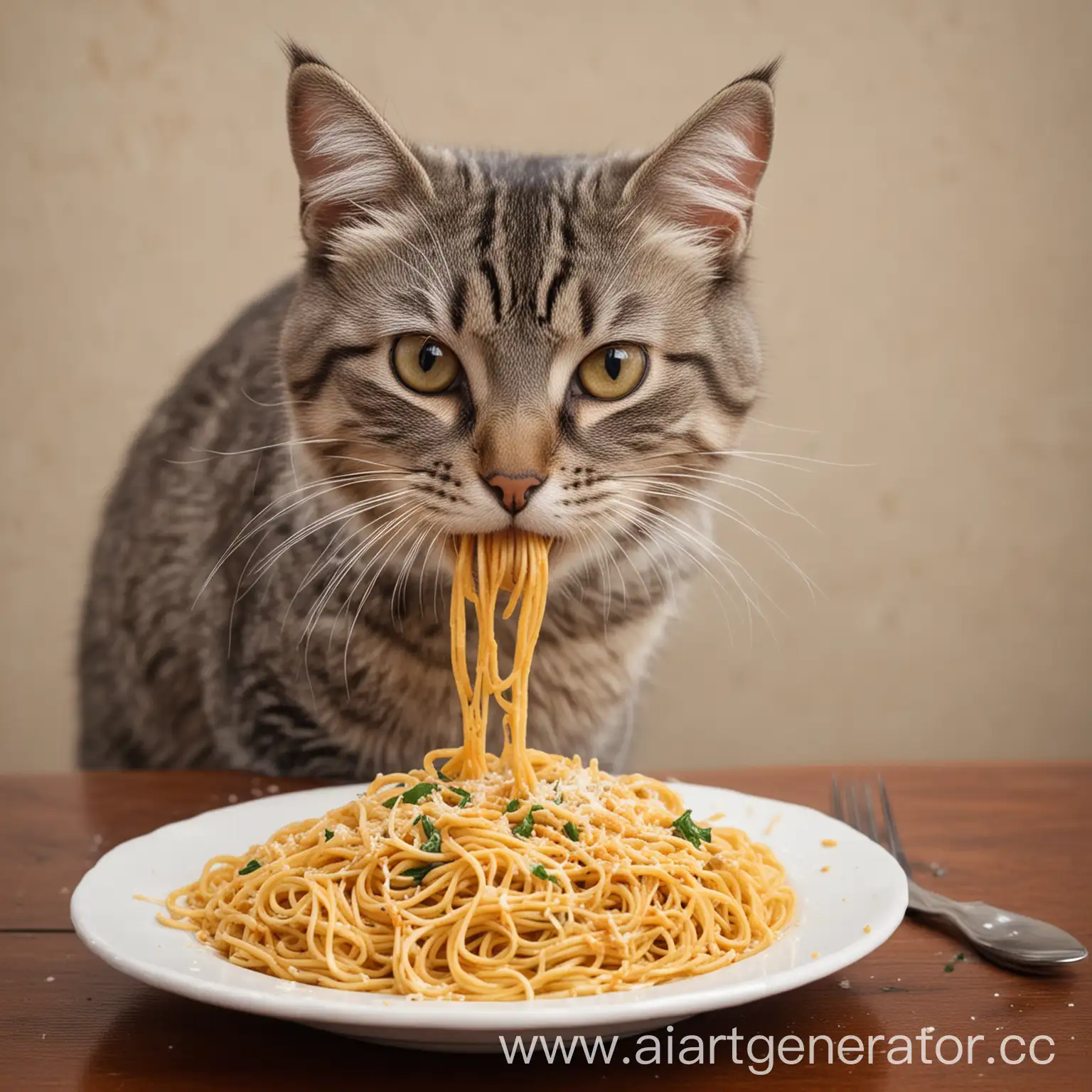 Adorable-Cat-Enjoying-a-Plate-of-Spaghetti