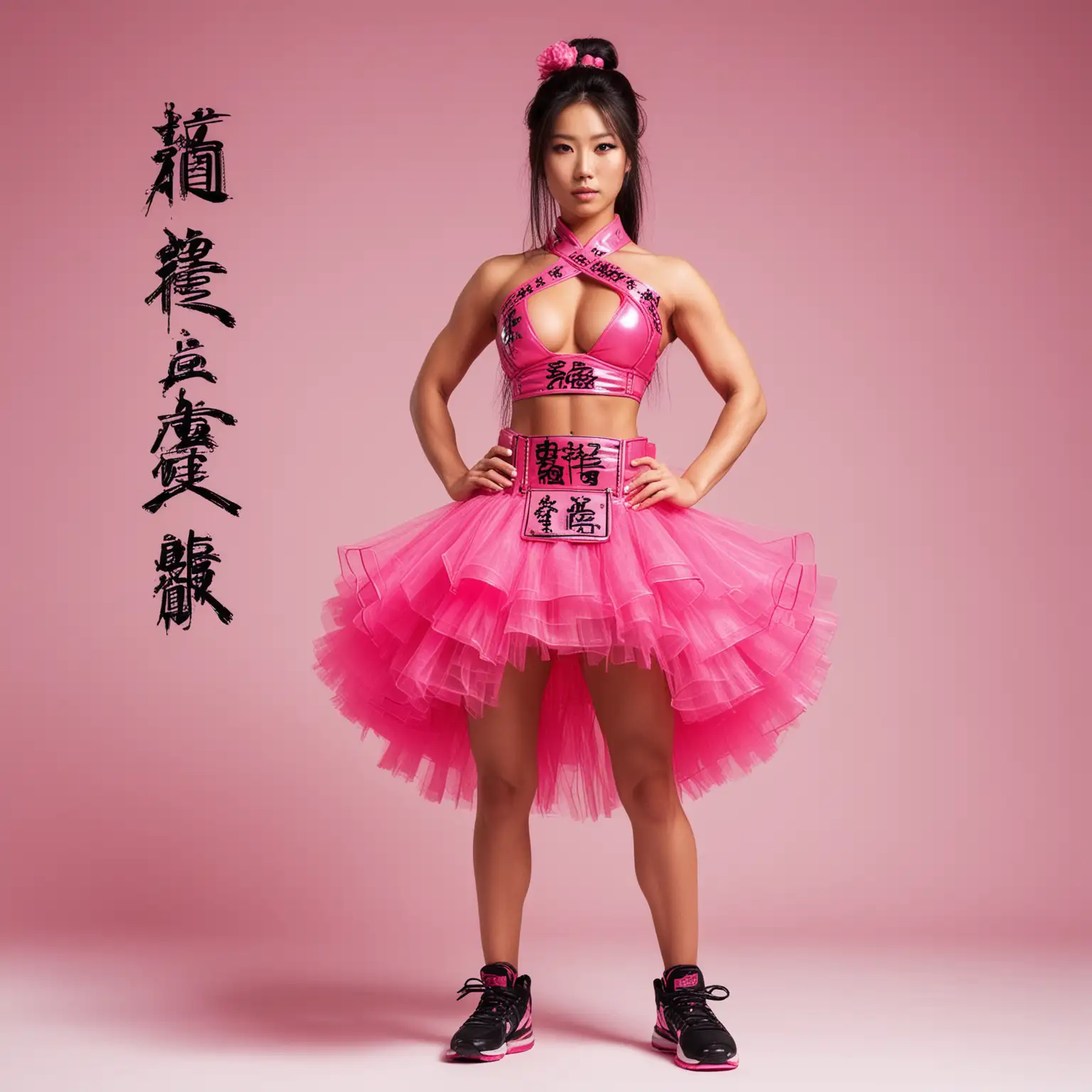 Standing full body view, tall Japanese bodybuilder supermodel, thin waist, large breasts and long legs in sleeveless, hot-pink samurai armor with black chinese writing, giant hot-pink tutu, black sneakers, sneakers, white background