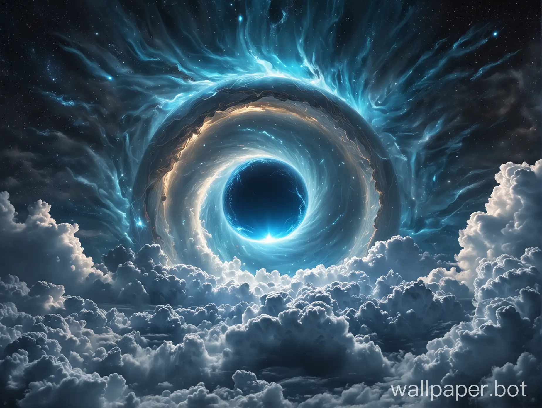 a blue portal in the sky surrounded by clouds going to another galaxy