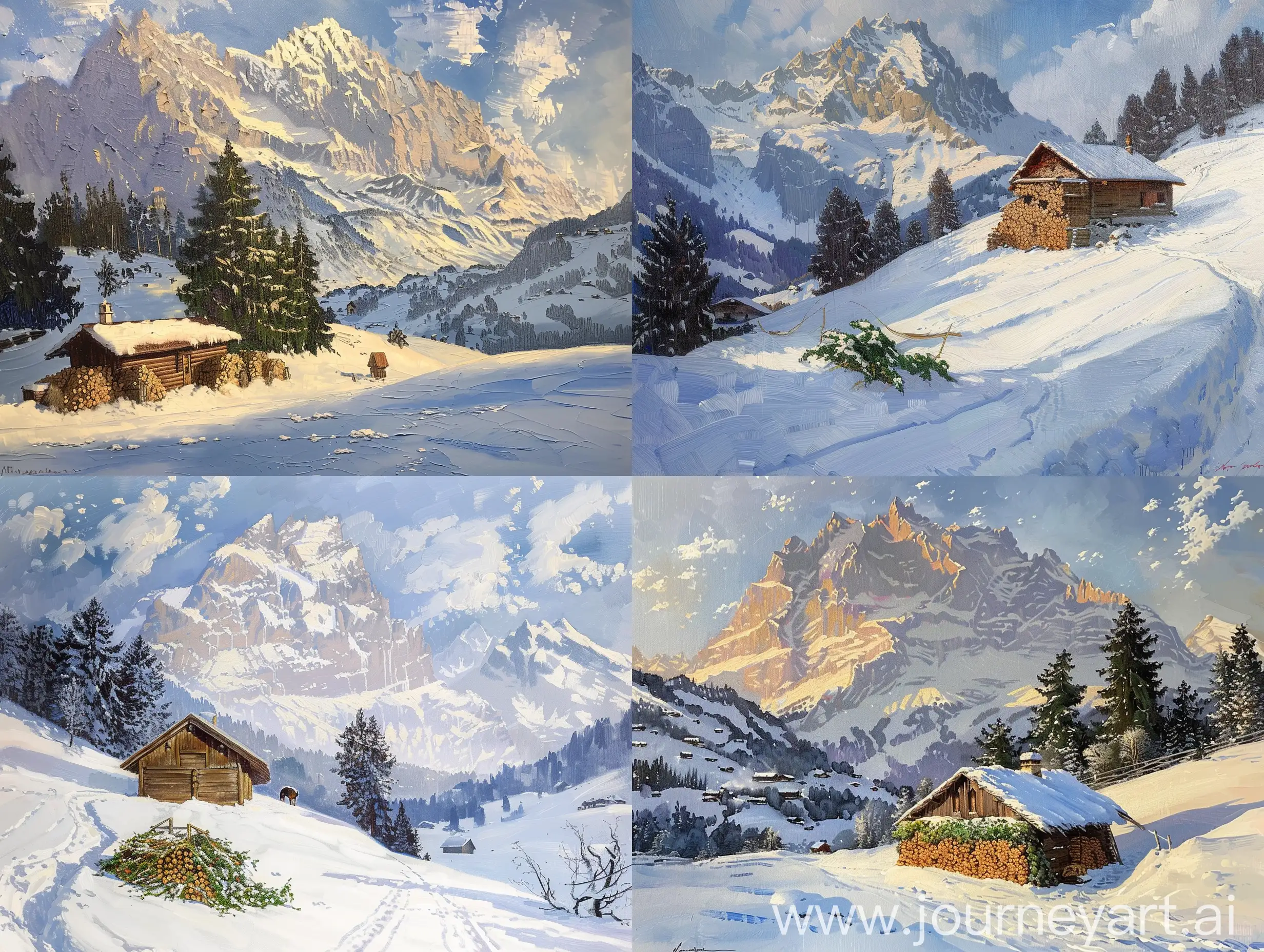 Snowy-Mountain-Hut-in-a-Serene-Oil-Painting-Landscape