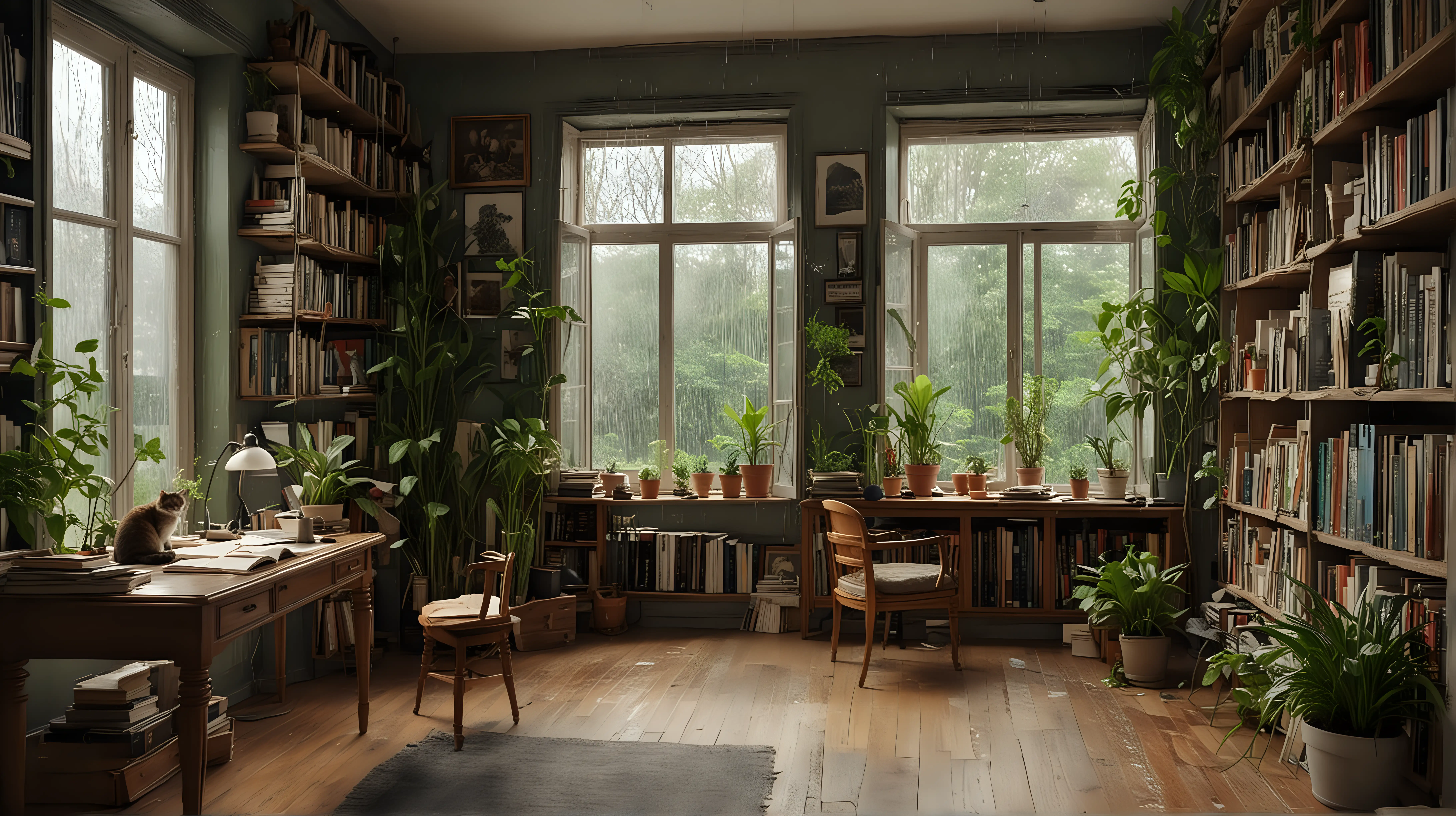 Cozy Home Office with Wall of Books Rainy Day Ambiance and a Curious Cat