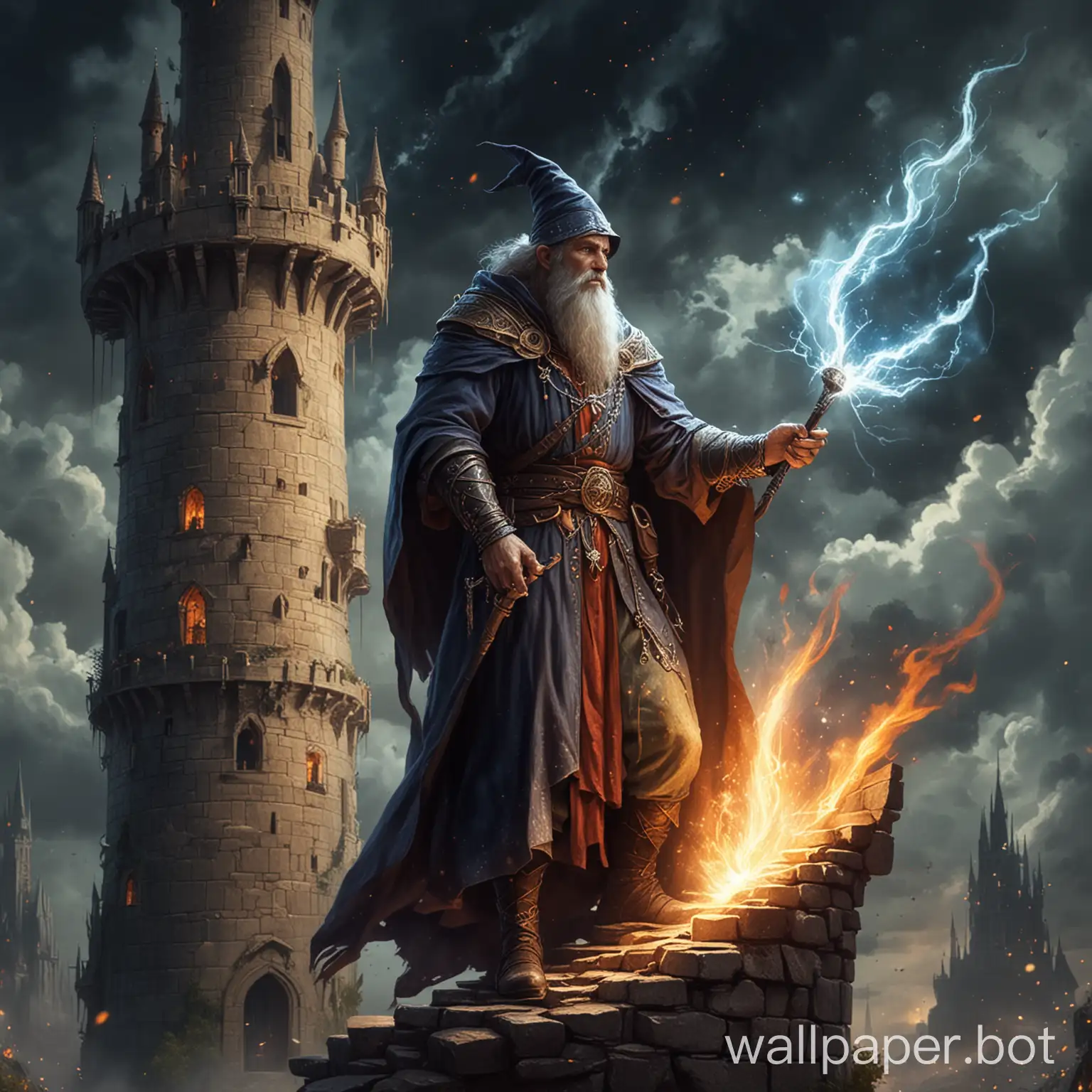 draw a fantasy wizard man who possesses very strong magic, in a tower, to which the king came
