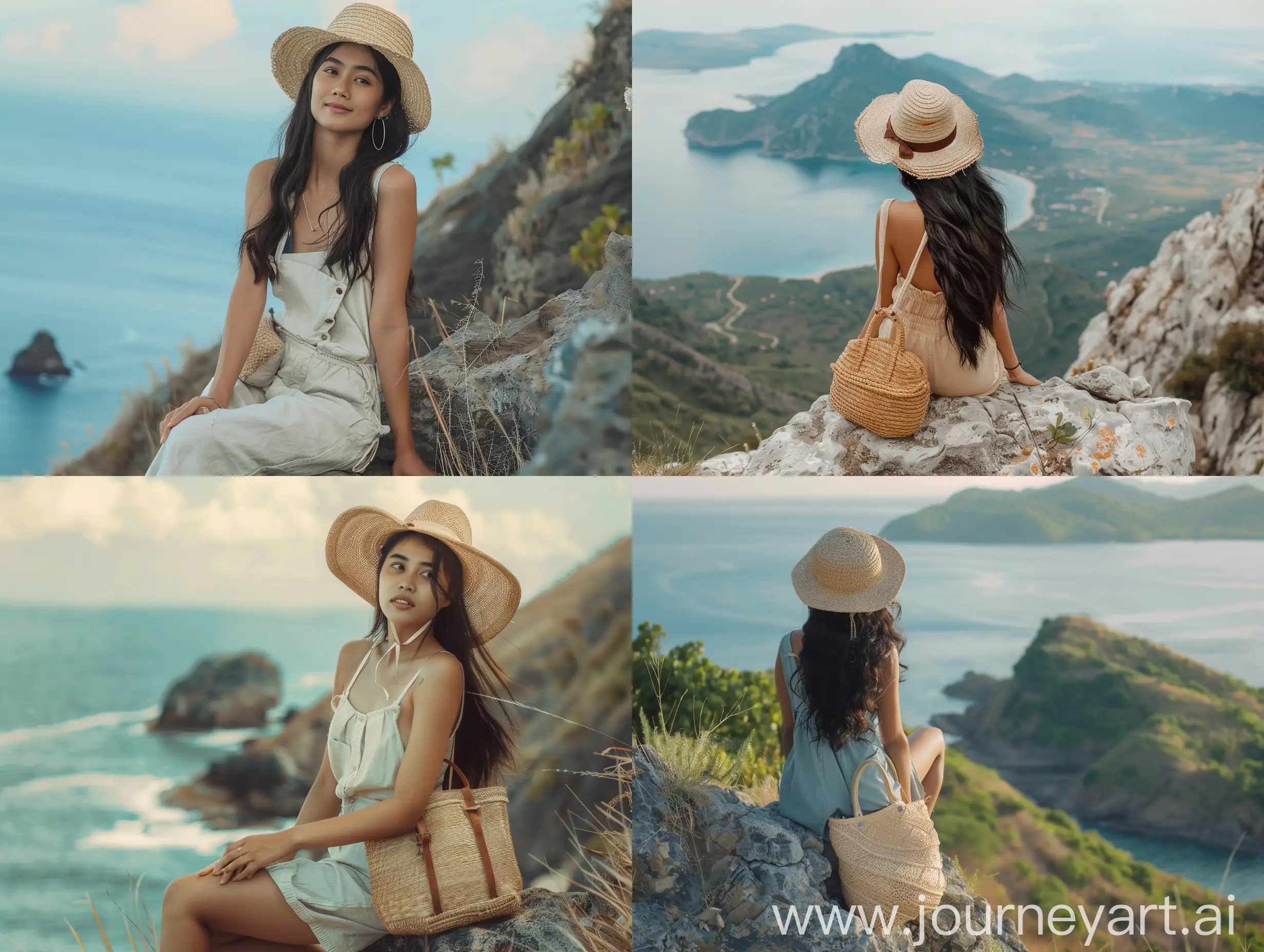 Indonesian-Woman-in-Cute-Overalls-and-Straw-Hat-Enjoying-Mountain-View