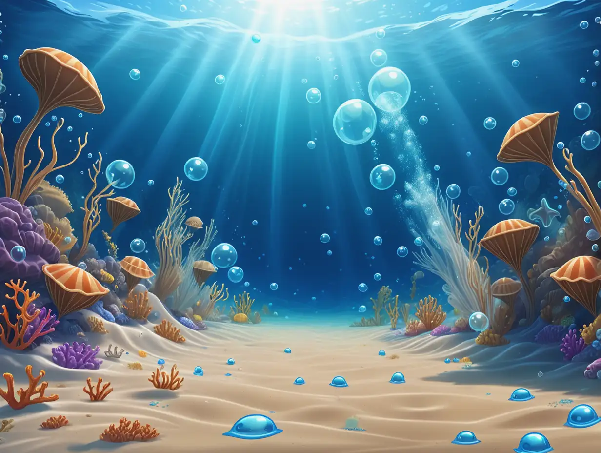 A cartoon-style underwater scene, showcasing the ocean floor with gentle waves of sand, bubbles rising to the surface, The environment is vibrant clear and blue, creating a peaceful underwater atmosphere suitable for a children's cartoon series