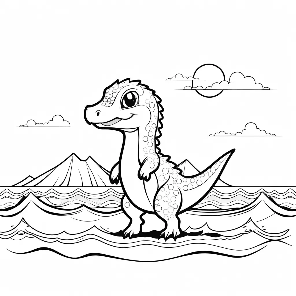cute chibi-style Fukuiraptor playing at the beach, Coloring Page, black and white, line art, white background, Simplicity, Ample White Space. The background of the coloring page is plain white to make it easy for young children to color within the lines. The outlines of all the subjects are easy to distinguish, making it simple for kids to color without too much difficulty