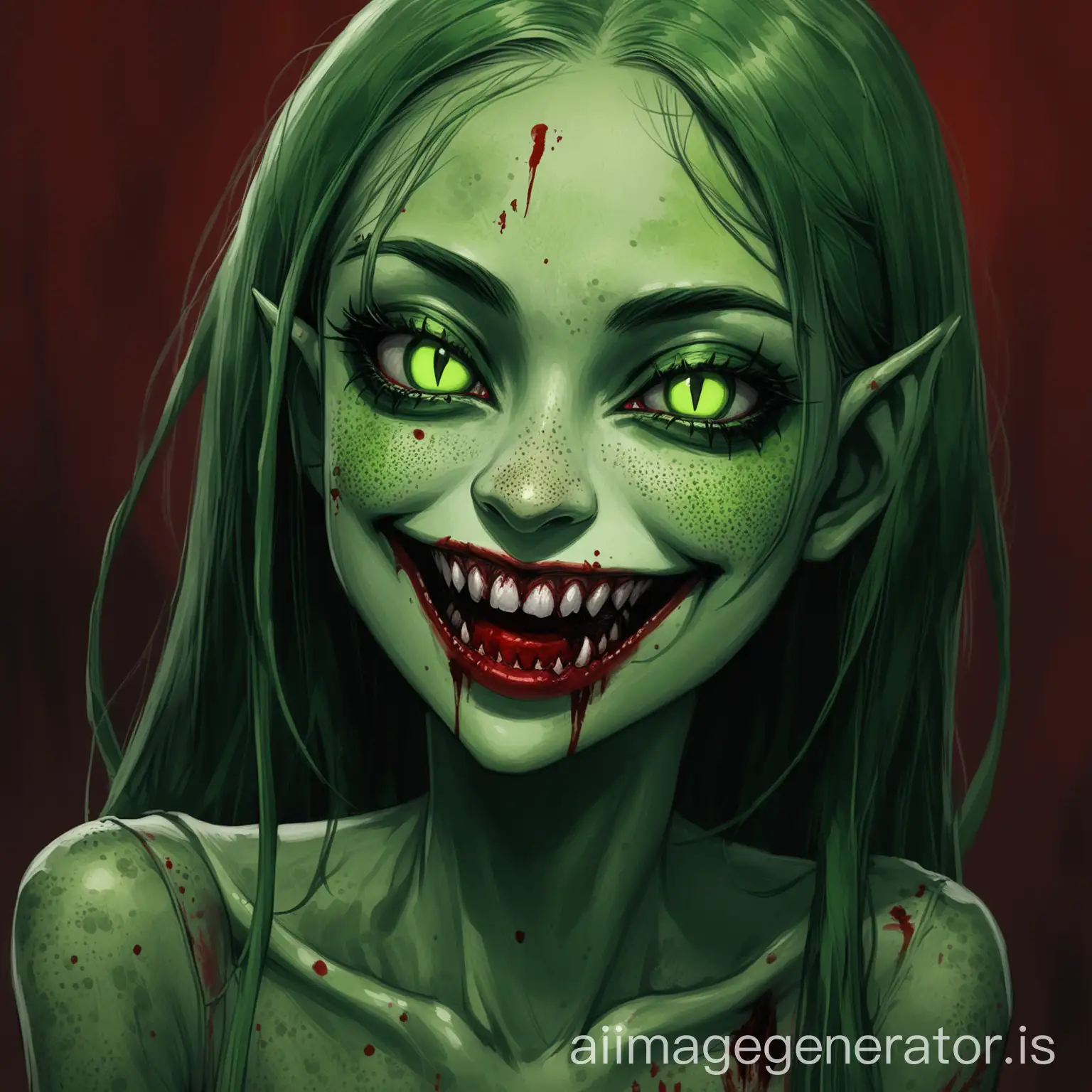 a green skinned, skinny girl that has green skin, long vampire fangs, green freckles, blood on her lips, and who is smiling very wide