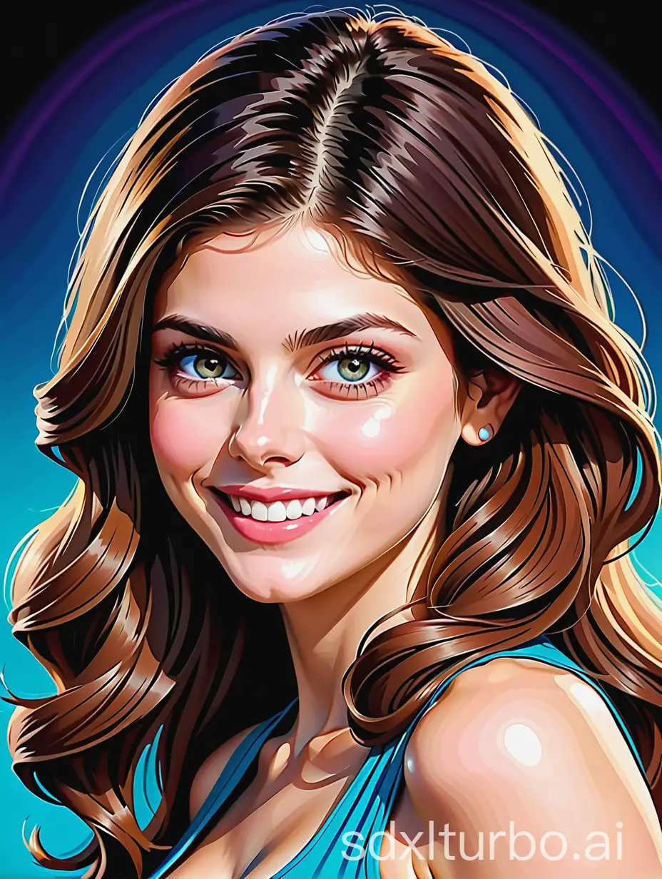 A colorfully drawn (((caricature))) of the talented actress Alexandra Daddario, exaggerating her signature features like large, expressive eyes, flowing locks, and a warm, welcoming smile that encapsulates her joyful persona