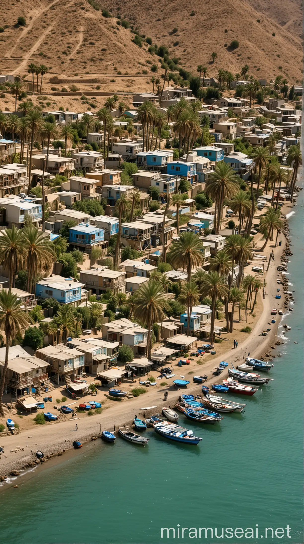 Seaside Village with Palm Gardens and Boats Tranquil Coastal Scene in Iran