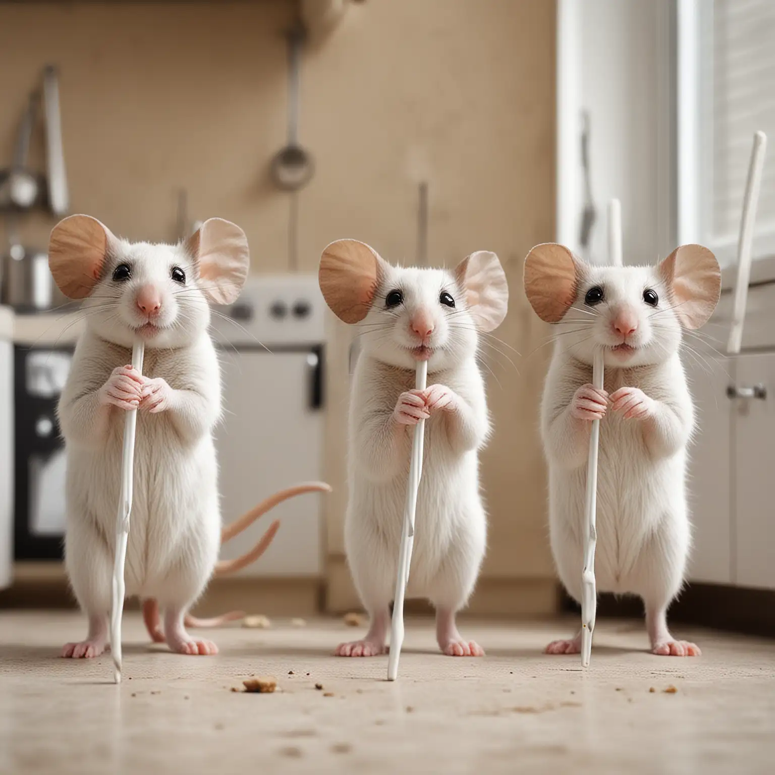 Three Blind Mice with White Canes in Kitchen Setting