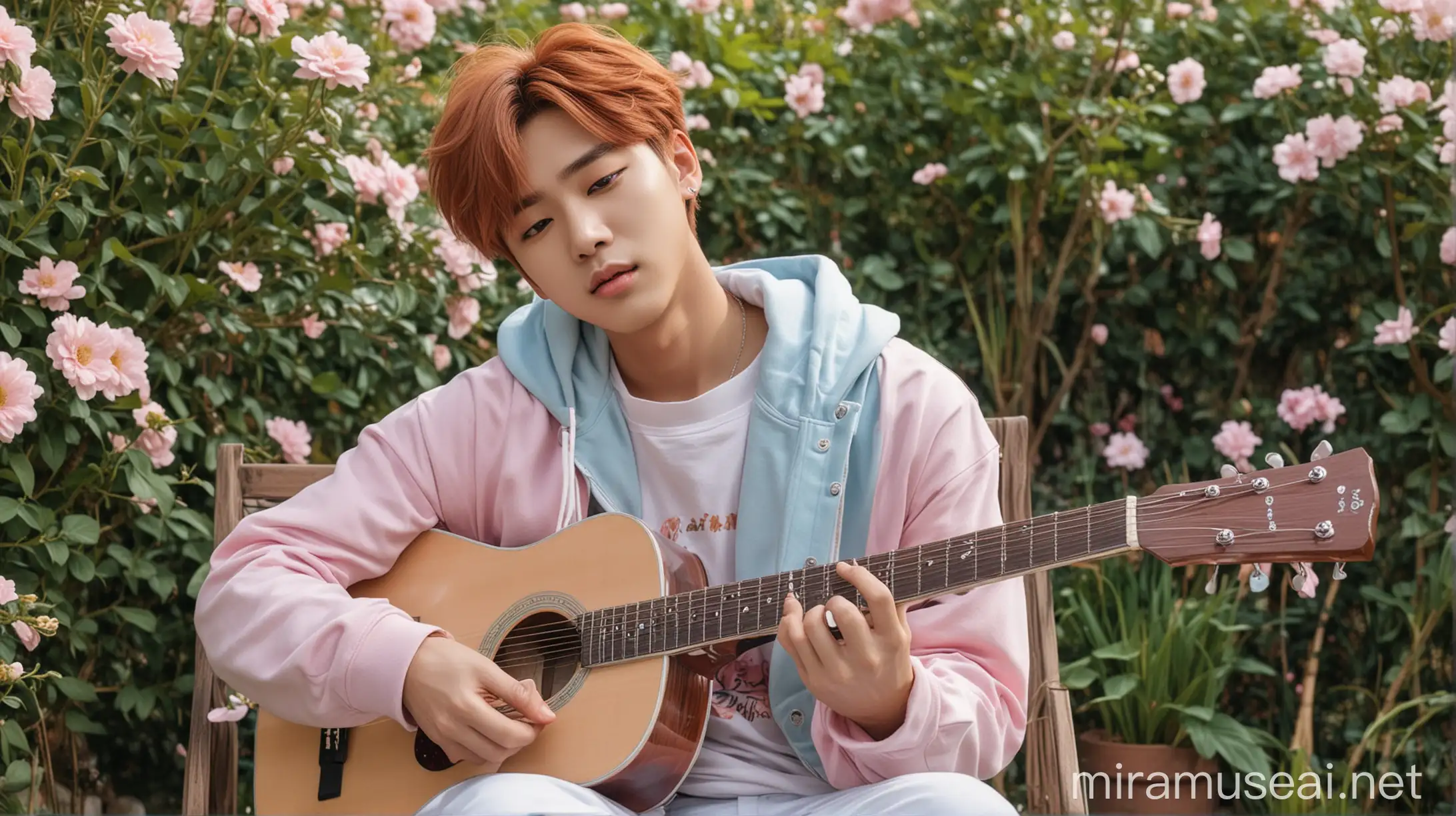 A handsome attractive cool elegant looking kpop male idol singing and playing guitar in a beautiful aesthetic flower garden on chair in casual pink hoddie with light blue jacket and plain white pants outfit , reddish brown hair, big siren doe eyes, straight upturned nose, full heart shaped lips, small v shaped face, broad shoulders , green Amber eyes