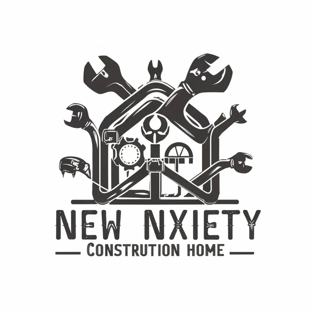 a logo design,with the text "new anxiety", main symbol:A small house built of pipes, with the shape of the house protruding from the pipes, and the graphic of metal wrenches and hammers covering the house.,Minimalistic,be used in Construction industry,clear background