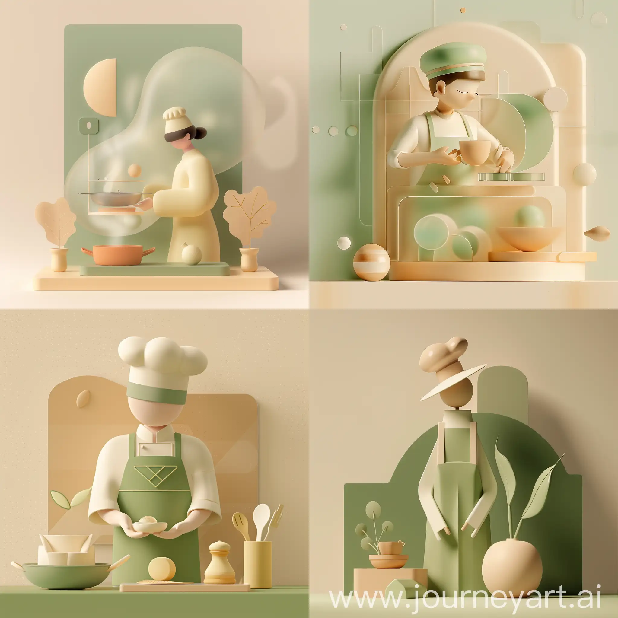 simple 3D ui illustration of a cooking student, in the style of soft lines and shapes.abstract.minimalism. gradient color, green and beige theme, transparent texture, website header.