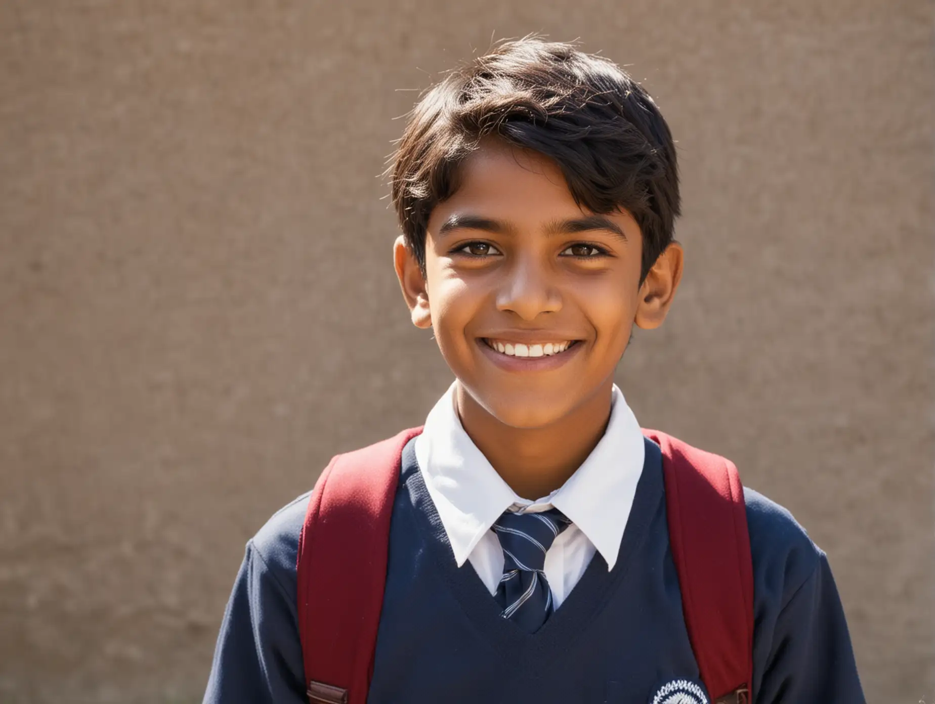 A Indian boy is wearing school uniform, probably around 6th grade age, smiling confidently outside.