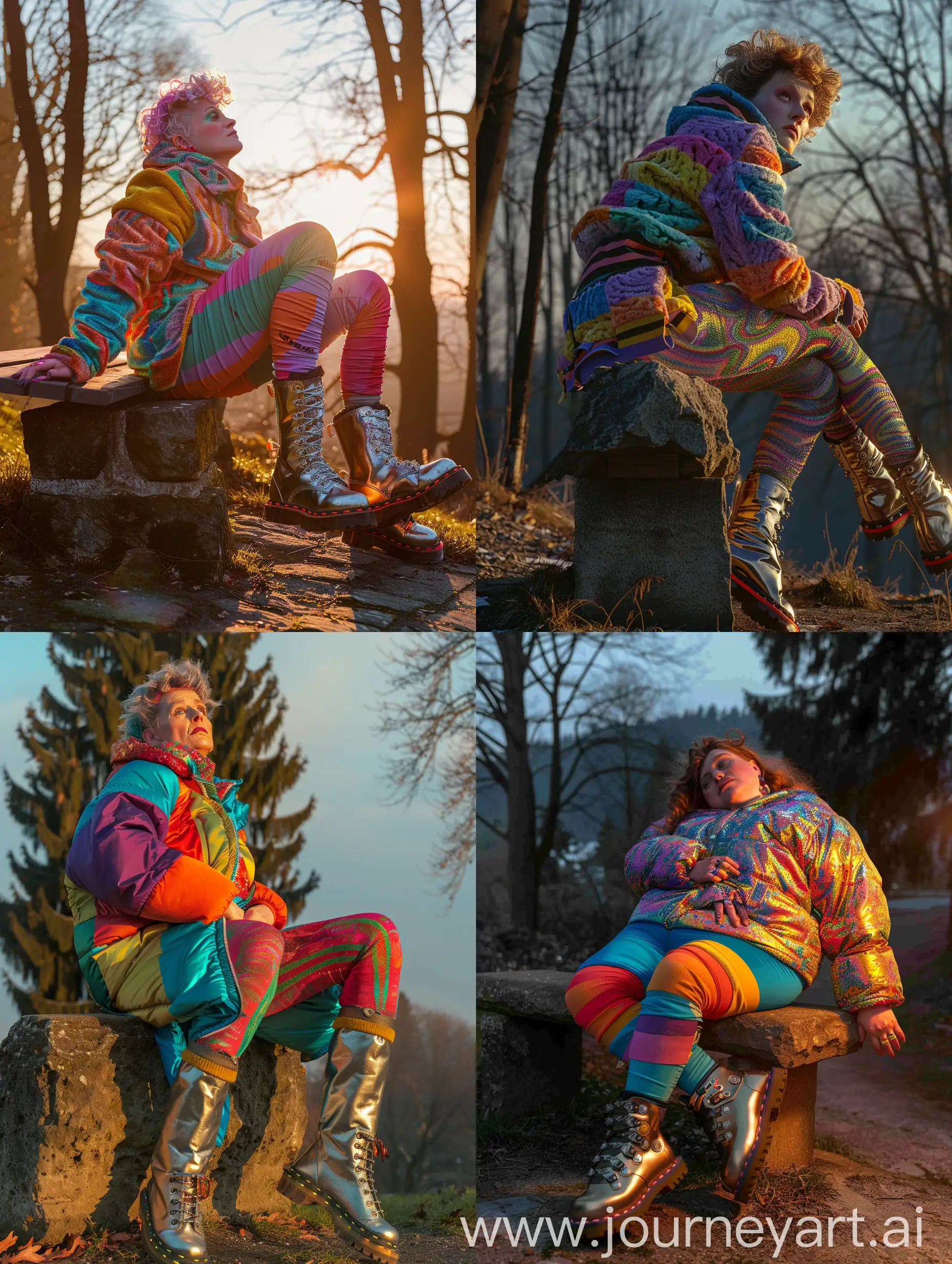 high-resolution RAW photo with cinematic lighting on a cold and very sunny  winter afternoon in Germany, 1990s \(style\), spooky and dramatic ambience and highlighting, an outdoors full body  fashion shot of a realistic curvy and natural very ugly middle-aged emo nerd pale housewife, sitting on a bench or rock leaning backwards, wearing colorful outfit of "thick-ski-fashion" | "aerobic-fashion", "thick-wool-tights" with legwarmers | "thick-aerobic-socks", "hiking-boots" or  "metallic-dr.- martens-boots", fully clothed,