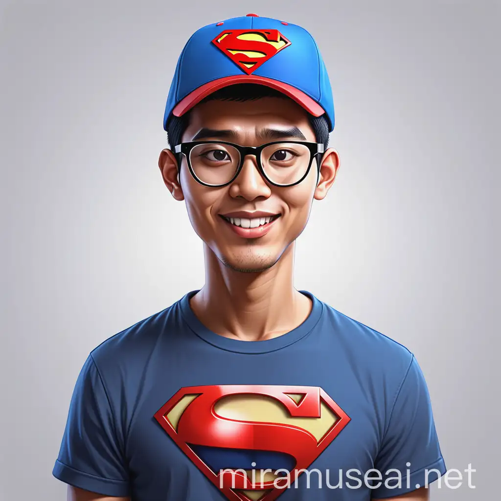 
4d caricature of 25 years old Indonesian man wearing baseball cap superman logo glasses and plain t-shirt