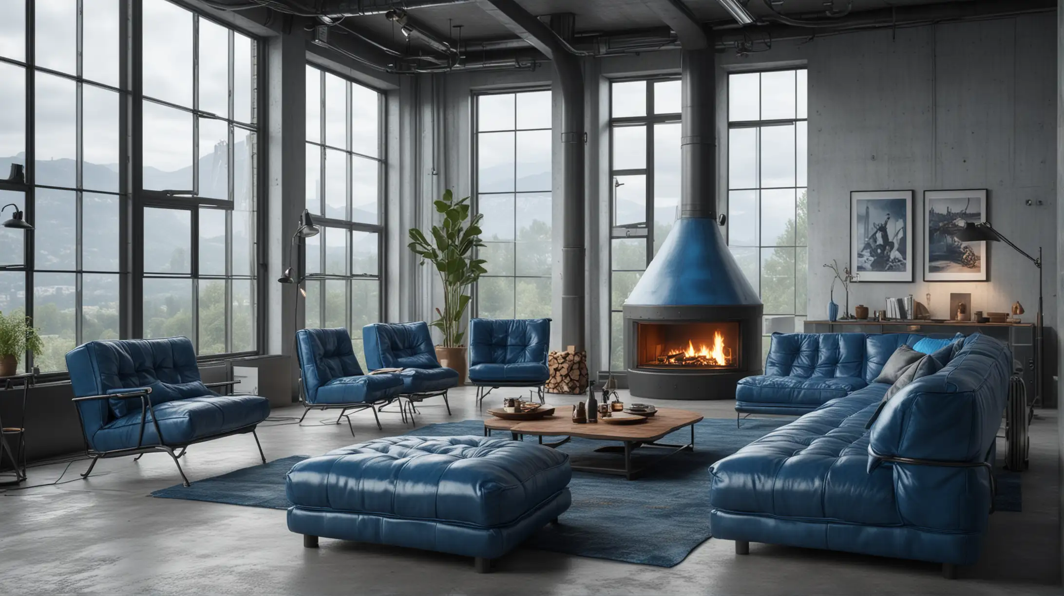 NeoIndustrial Blue Living Room with Picture Windows and Fireplace