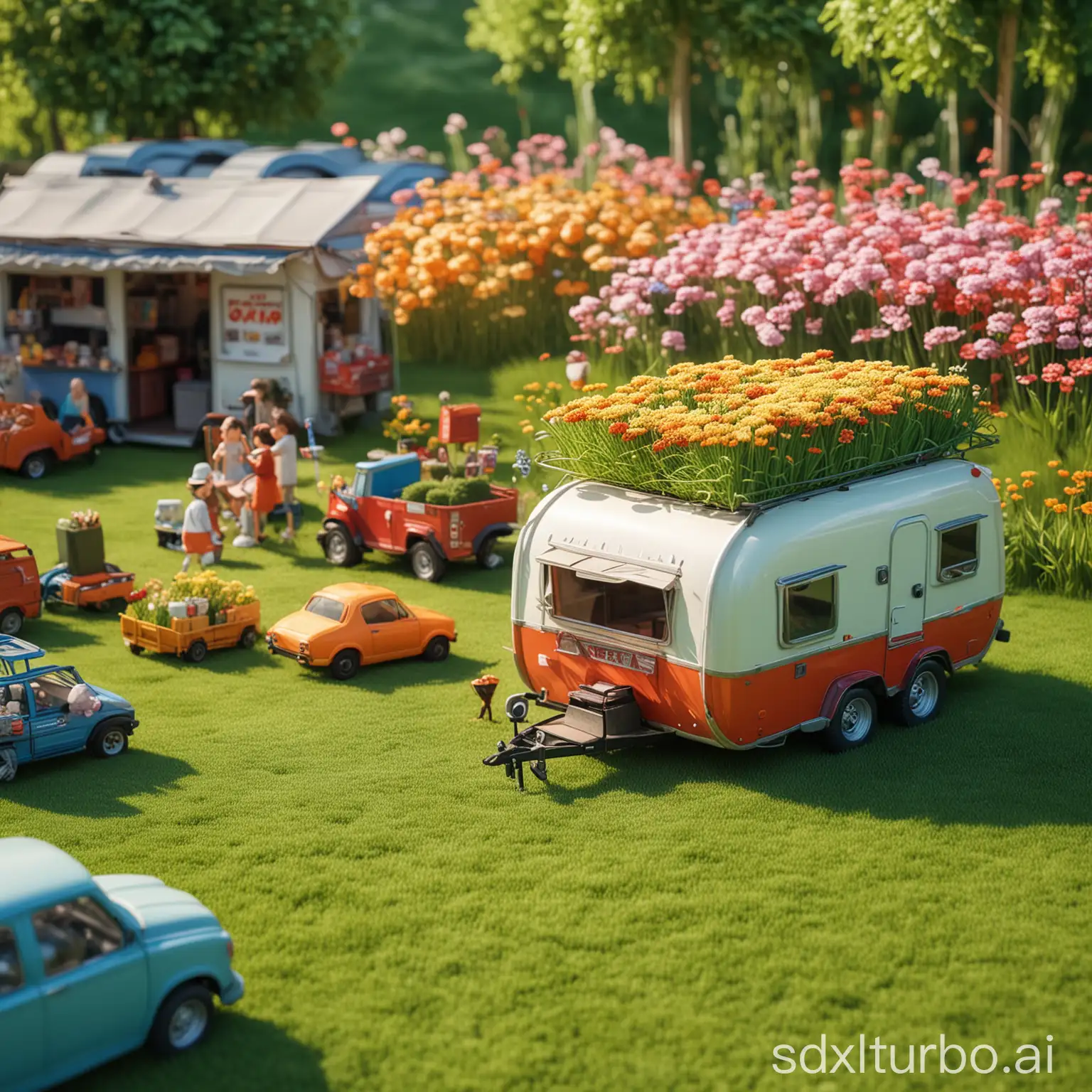 Advertising on green grass using trailers and vehicles, with products in the car, in the small shop, cute cartoon design, dreamy visual effects, soft sculptures, webcam, bright colors, bold shapes, flowers, capturing moments, delicate luster, 3D, sunny, bright colors, bold color matching, ultra-high quality, blurry front