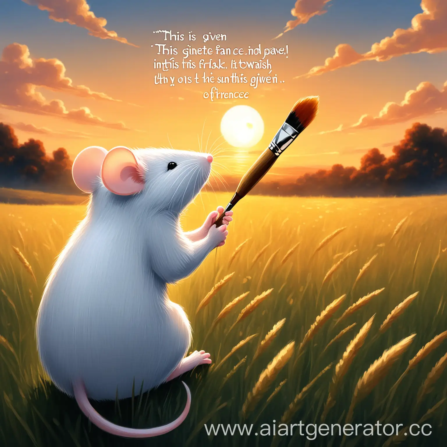 маленькая белая крыса, смотрит на закат, сидя в поле спиной, мордочкой к небу, в лапках кисточка для рисования .
