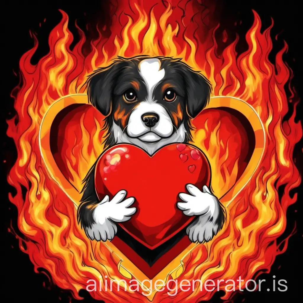 A dog holding a heart that's on fire whilst the background is half heaven half hell