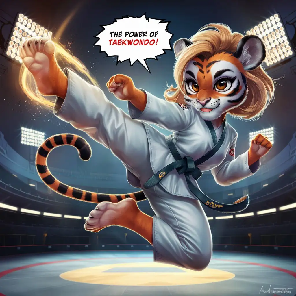 Fierce Tigress Taekwondo Kick Dynamic Jump in Illuminated Arena | Dalle3 AI