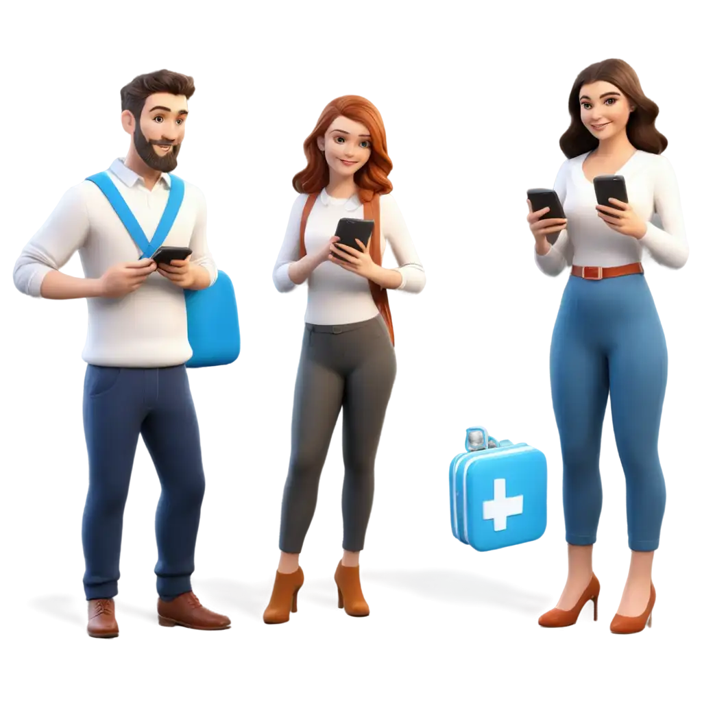 3 Slavic people in full height look at smartphones and smile, around the icons of social networks
cartoon 3 d