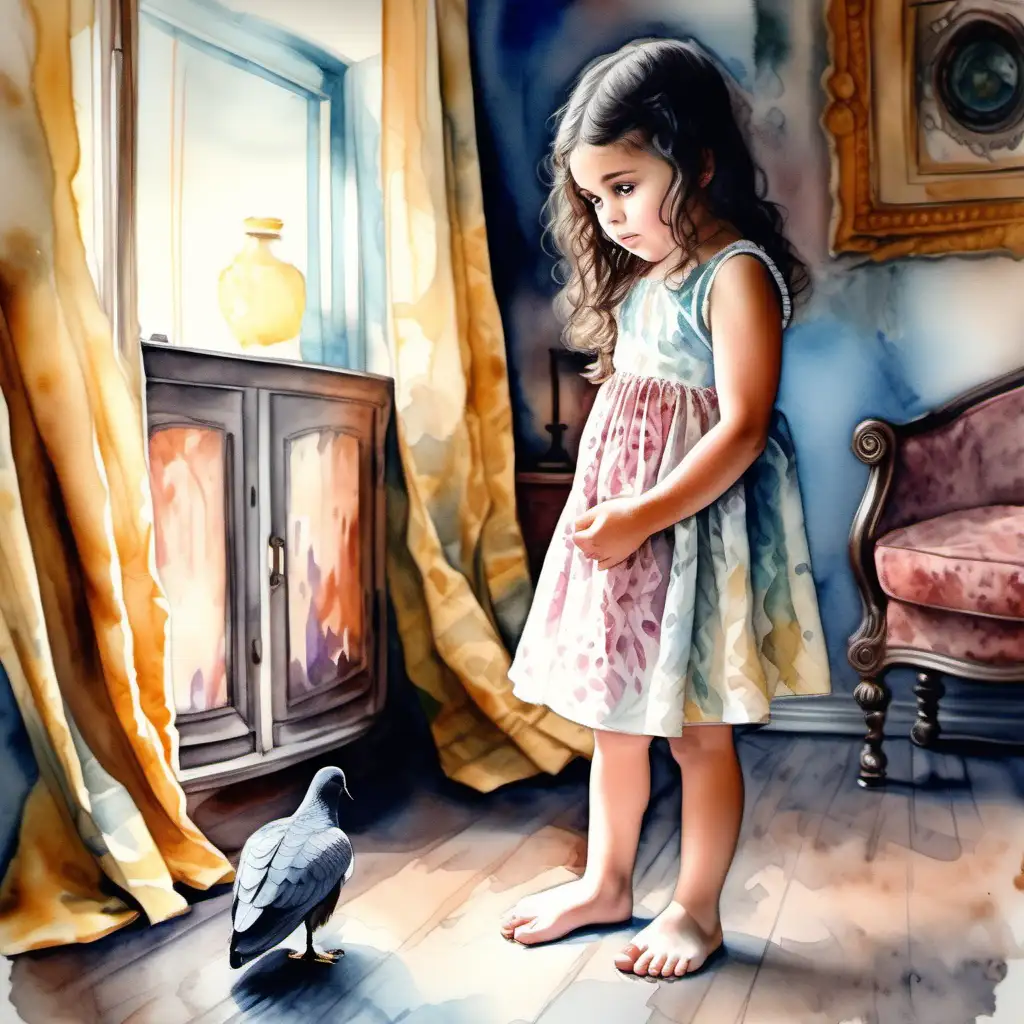 full body portrait of nice young child with dark hair, in their livingroom, no smile, curious eyes with wonder,  a single dove held in hands, in watercolor painting style, paint to all edges of frame, pastel colors