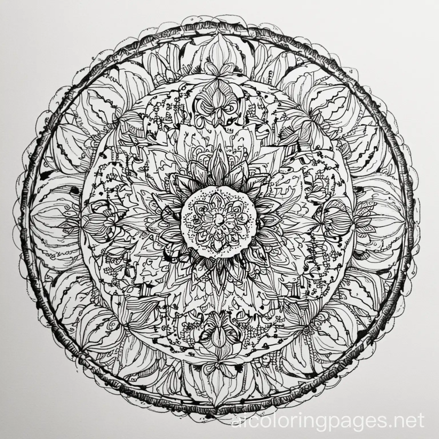 Floral garden mandala, Coloring Page, black and white, line art, white background, Simplicity, Ample White Space. The background of the coloring page is plain white to make it easy for young children to color within the lines. The outlines of all the subjects are easy to distinguish, making it simple for kids to color without too much difficulty