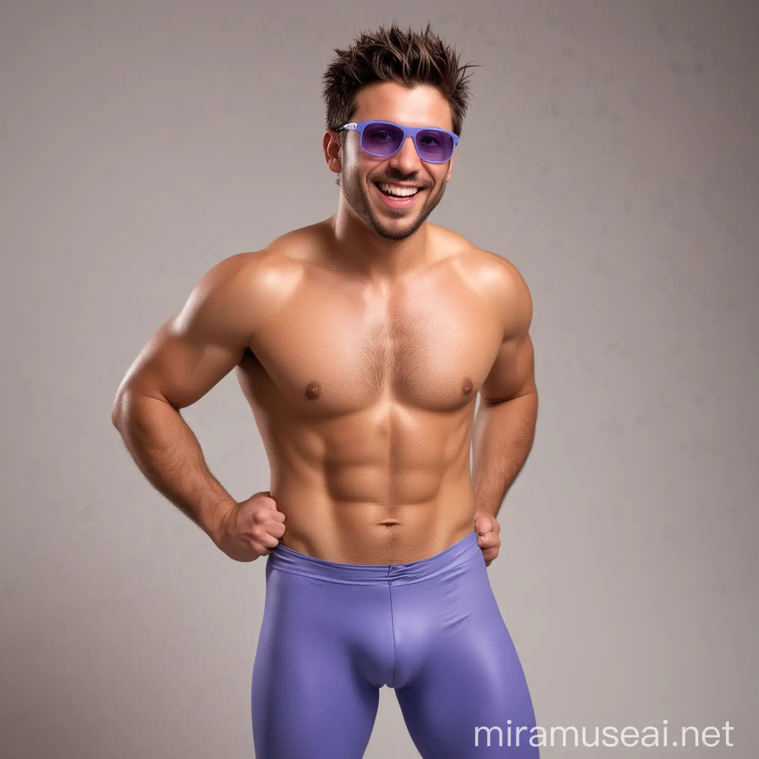 Charming shirtless  32 year old male Argentine wrestler, with short spiky gelled brunette hair; brown skin; sunglasses; very little beard; wearing long periwinkle spandex leggings; slipping down the glasses, smiling and winking