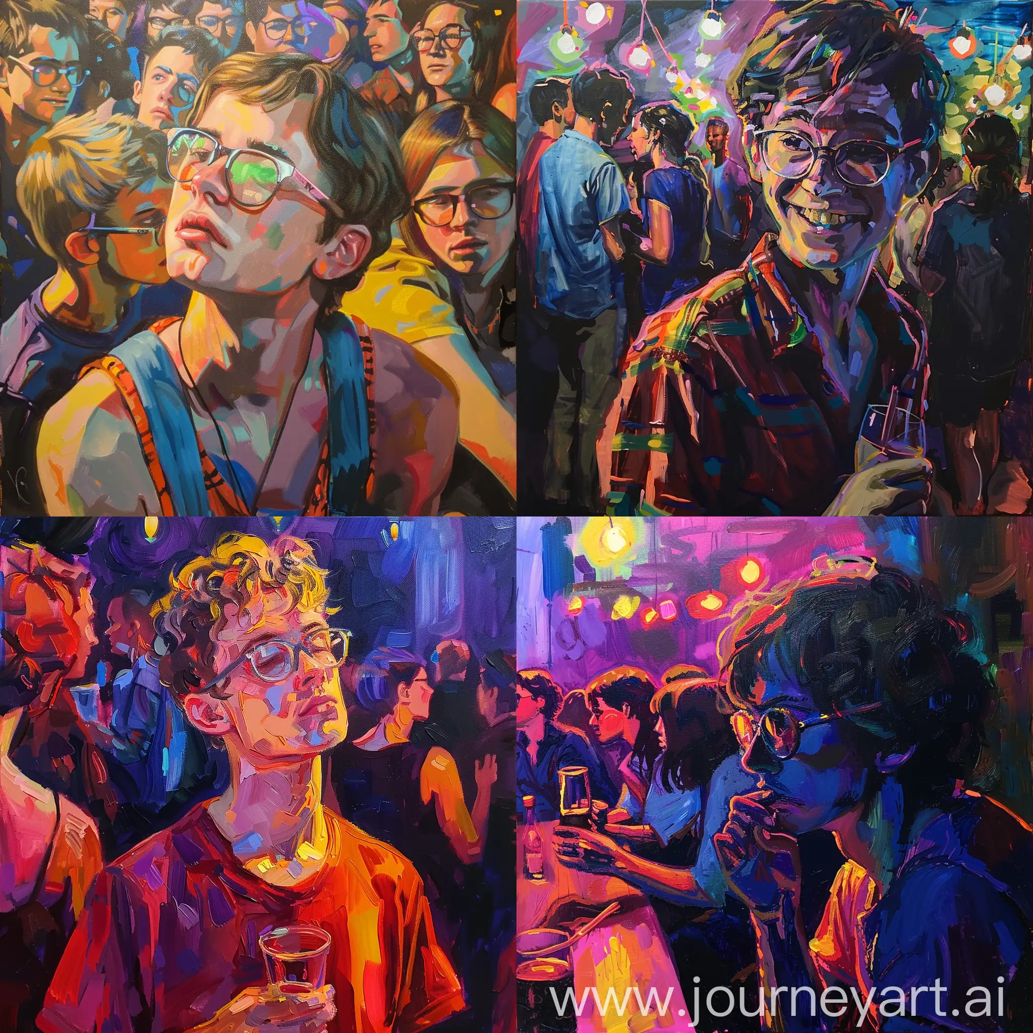 bright, awkward, geeky teenager in the corner at a party, acrylic 