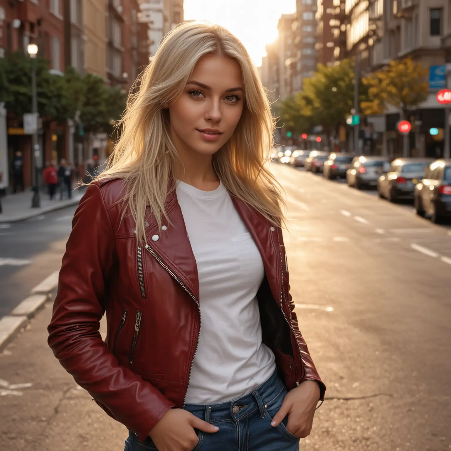 (medium shot photograph: 1.5), of a ((blonde girl)), long hair, detailed, pretty skin, white t-shirt and leather jacket  red dark color, jeans, ((hand in pocket)), in the middle of a street: 1.3), taxi, city, tall buildings, (city street background) sunrise, studio light, golden hour, photo shoot, DSLR, 64K UHD, HDR, (masterpiece), intricate details, ((high quality )), very detailed, (cover: 1.5, hyper-realistic.