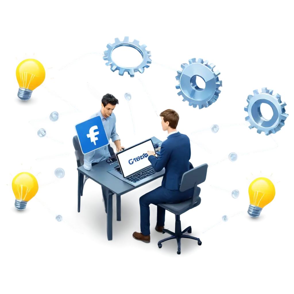Create a vector image technology for earning from facebook use computer for management  facebook accounts on the phone farm. The sample should include an isometric illustration of a person earning at a desk with a computer, Text "FaceBook" elements on the screen, gears and light bulb icons to represent ideas and innovation in technology management.