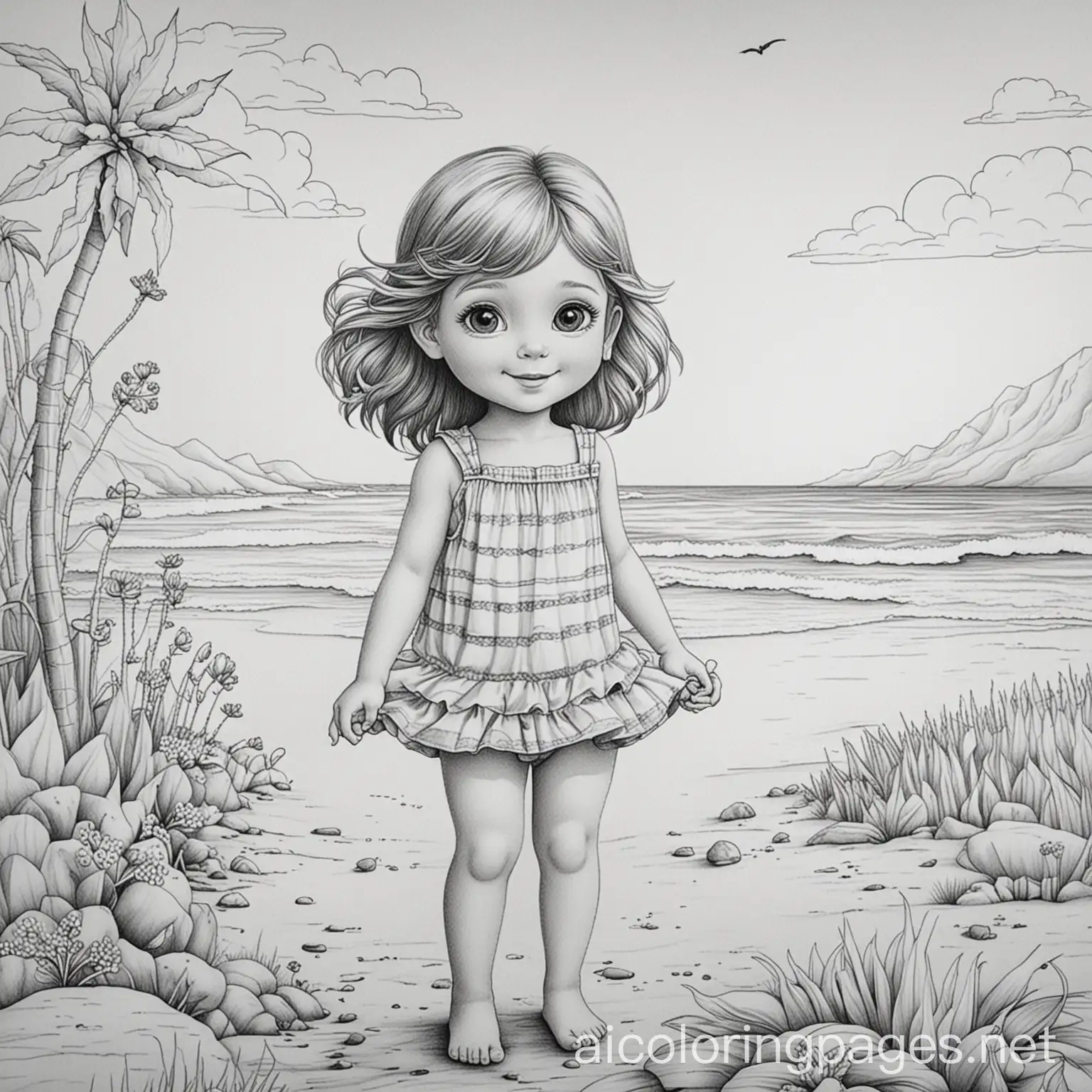 Grayscale summer, Coloring Page, black and white, line art, white background, Simplicity, Ample White Space. The background of the coloring page is plain white to make it easy for young children to color within the lines. The outlines of all the subjects are easy to distinguish, making it simple for kids to color without too much difficulty
