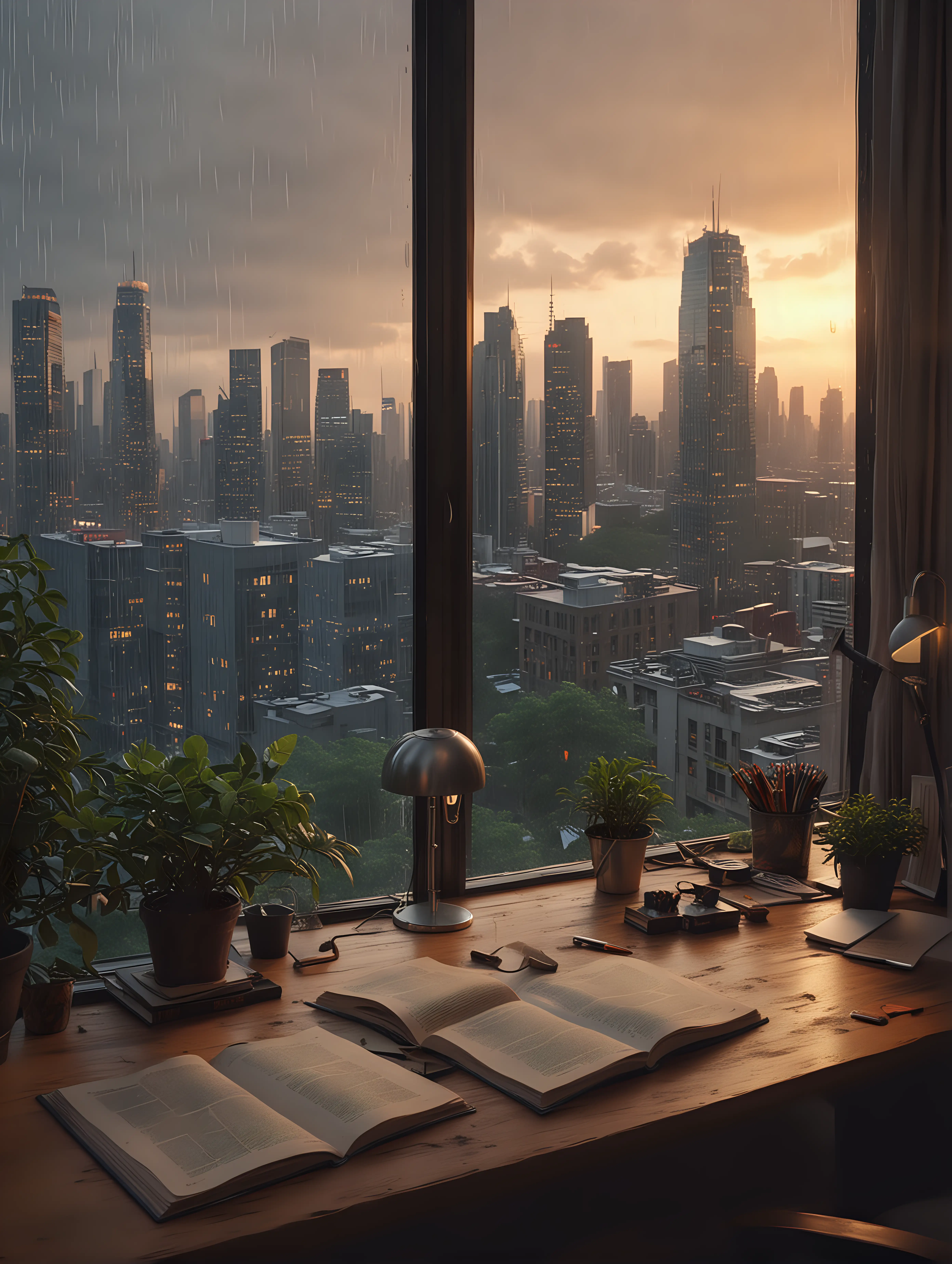 Cozy Study Room with Distant Skyscraper View at Dusk