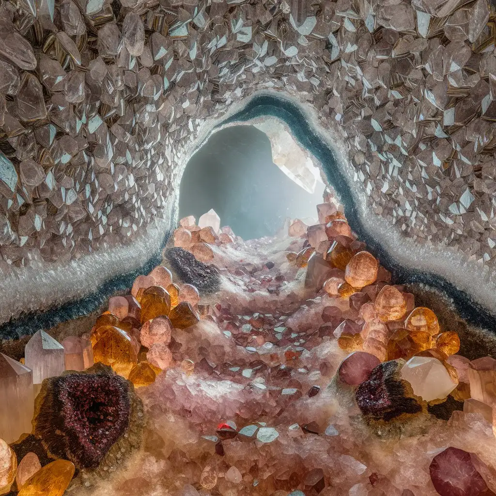 A mystical scene inside a crystal cave with shining gems and minerals.