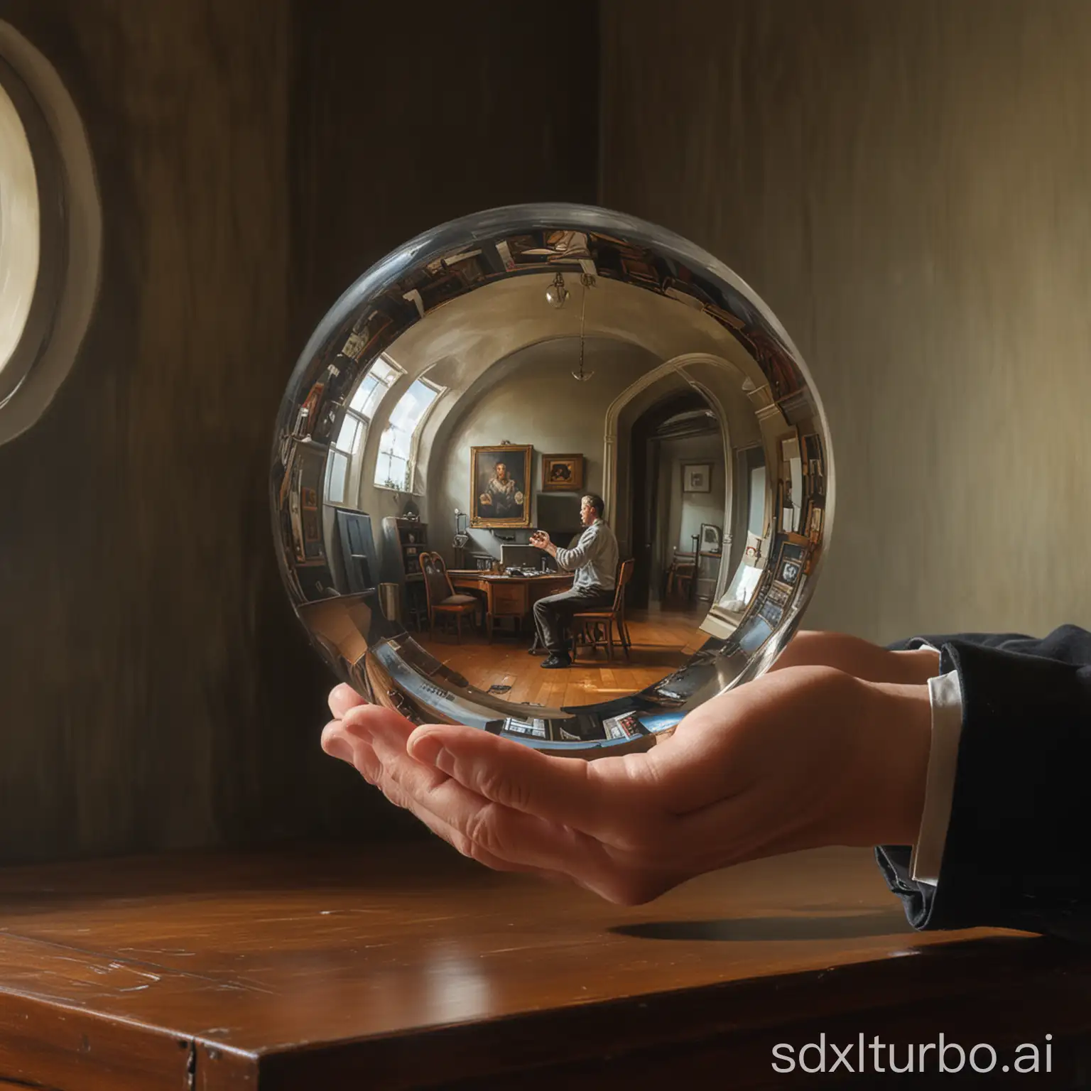 A human hand holding a mirrored sphere. Within the reflective surface of the sphere, a scene is depicted, typically showing the painter himself seated in a room, holding the sphere.