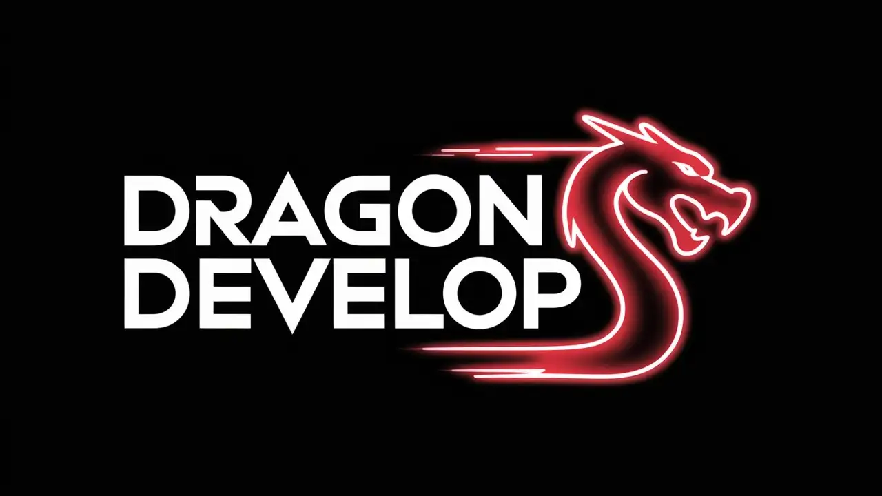 Can you make a logo whose name is Dragon Develop, which has a dragon next to it and shines as if the red dragon vector is a neon light?(Black Background