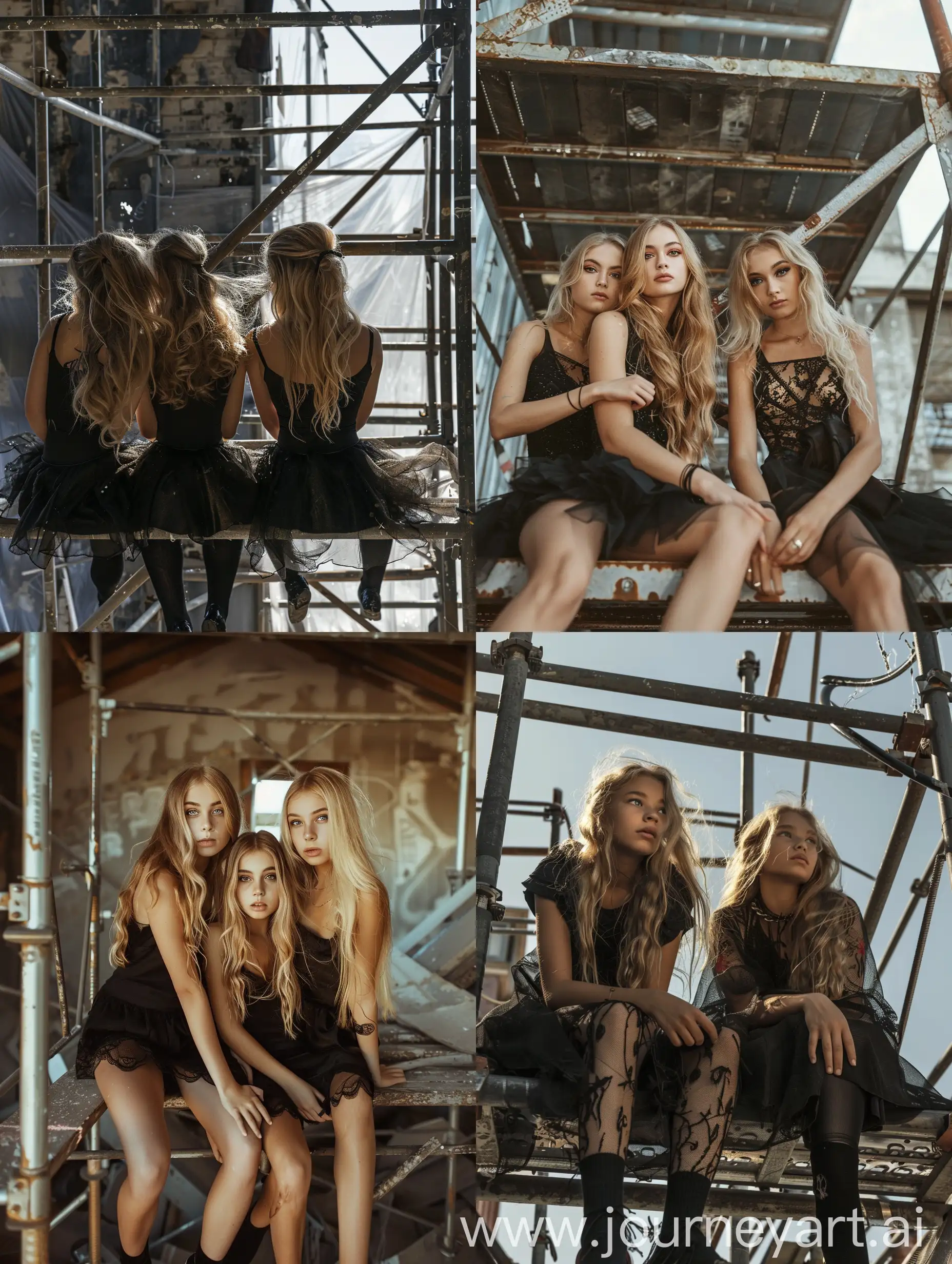 3 young girls, 22 years old, blonde long hair,  black dress, makeup, sitting, down view,  is working on a steel scaffold under construction