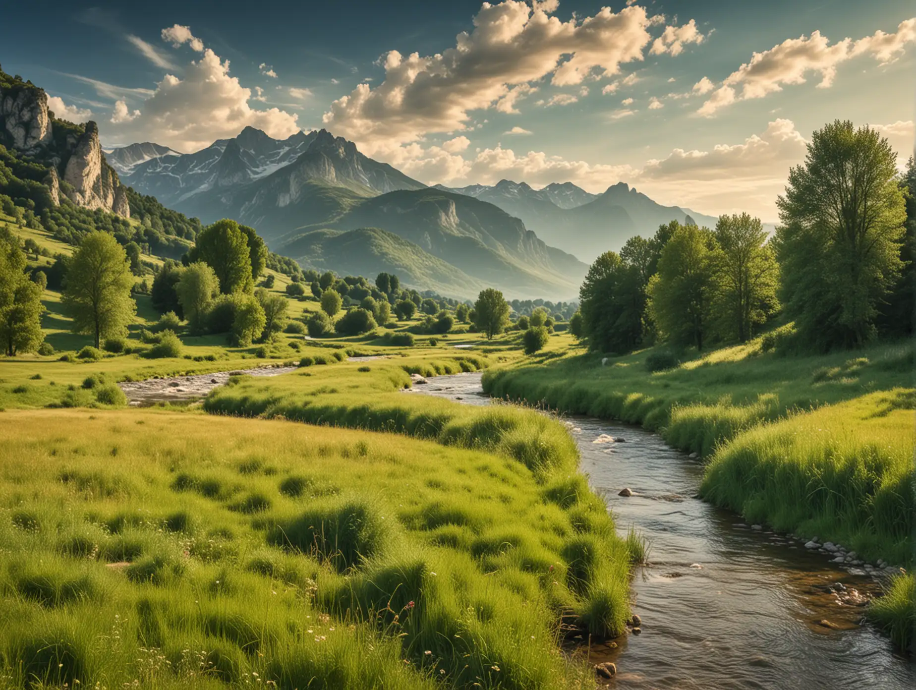 Paysage français magnifique avec un fleuve et des montagnes. Prairie et pâturage 