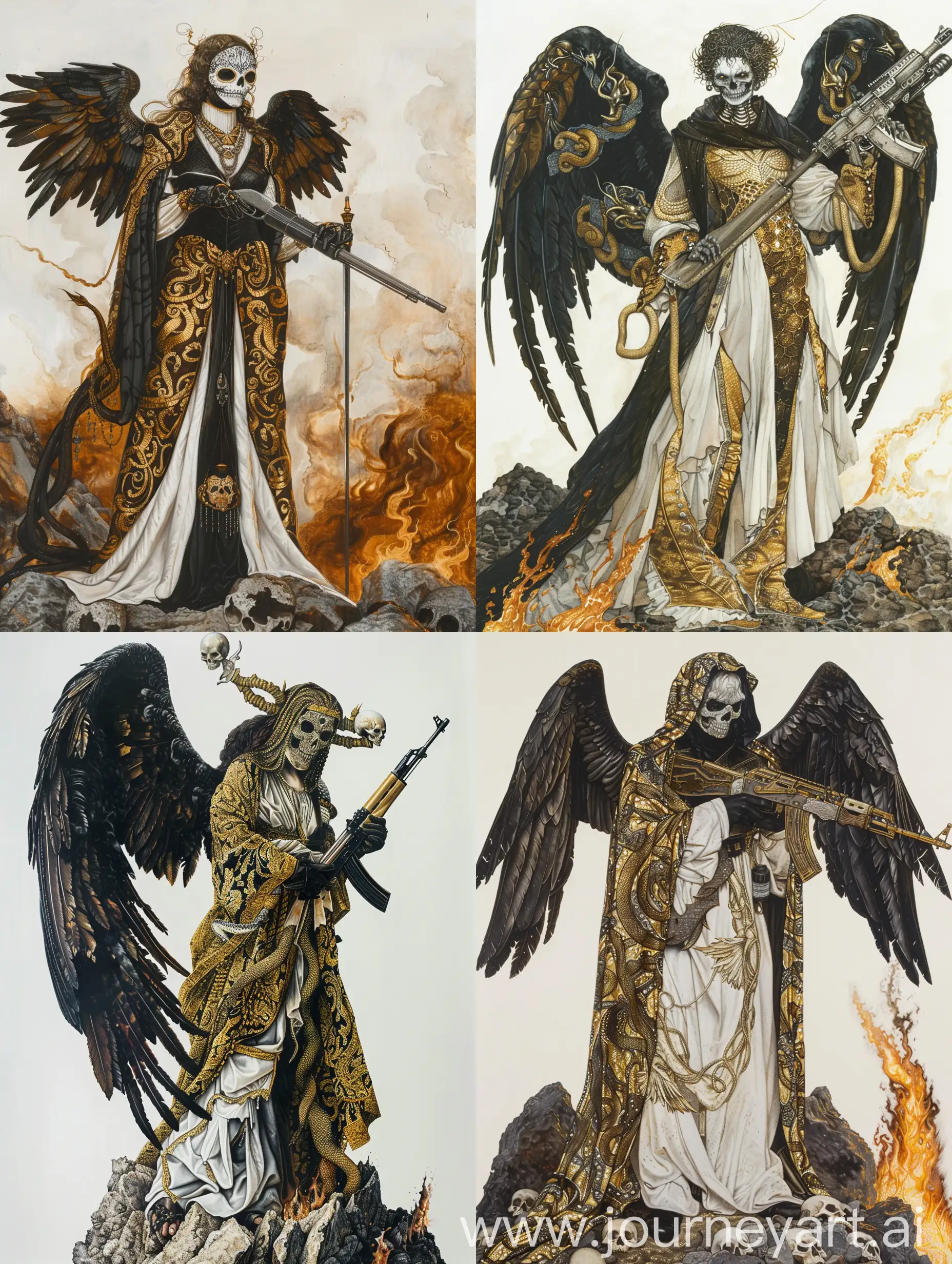 Edward Burne-Jones painting of  a female angel warrior wearing scary face masks and  clothes ornates in snakes, skulls black golden silk and white robes, holding a realistic kalashnikov, standing on rocks that burns on fire, white background, detailed, full body --c 22 --s 750 --v 6.0 --ar 5:7

