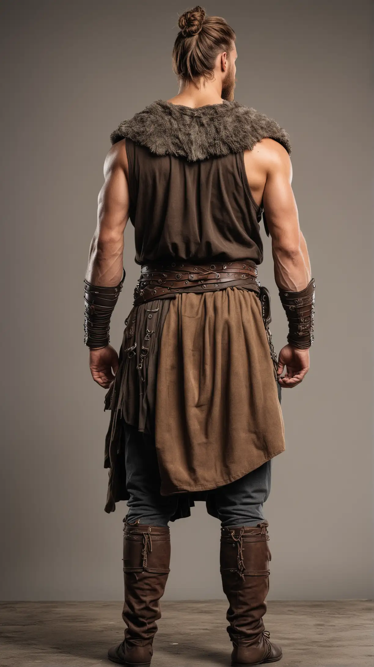 muscular viking warrior, back view, showing no face, short hair tied high man bun, brown hair, full body, warrior clothes
