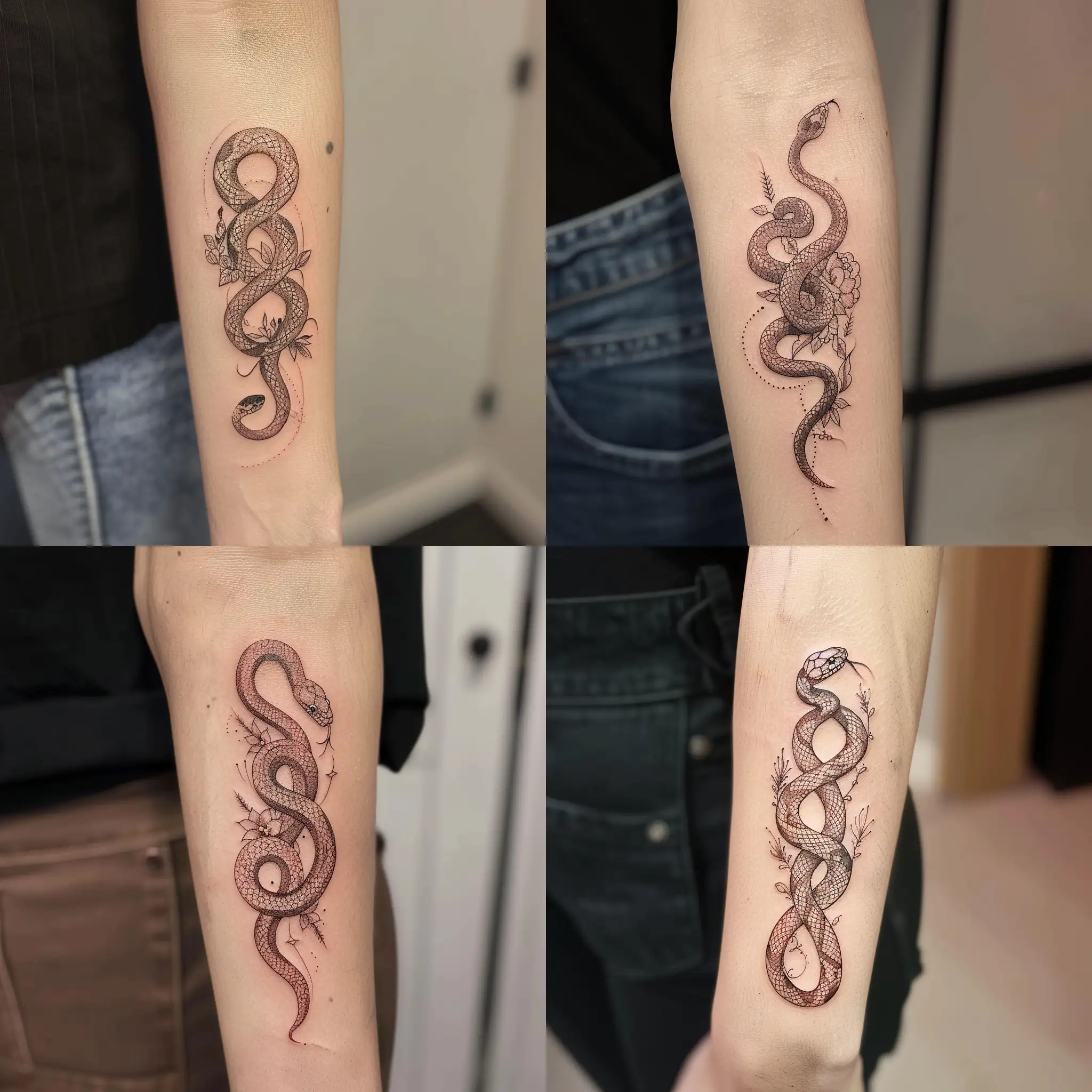 leave the snake tattoo unchanged, add a sketch of elements to it (for example, flowers or spikelets or something else) to make it more tender